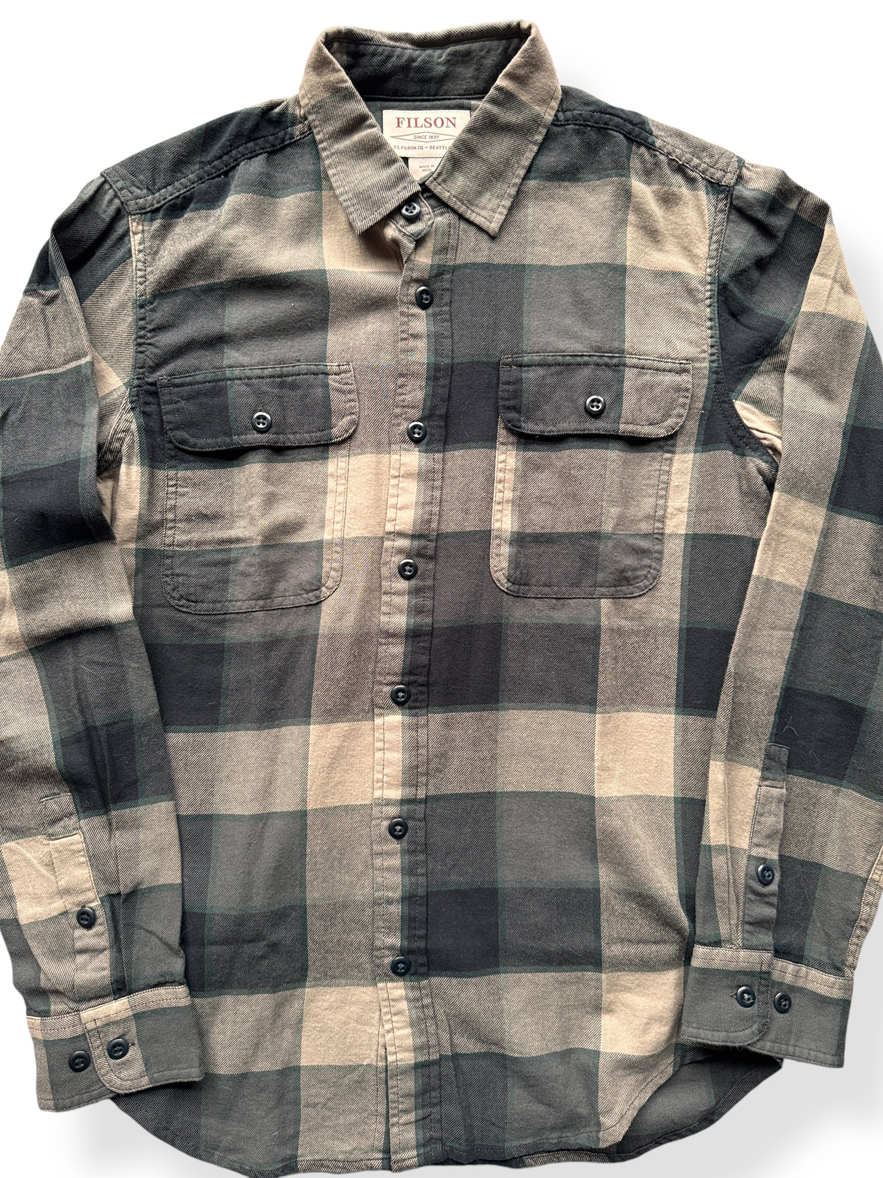 Front Close Up of NOS Filson Grey Green Tan Scout Shirt SZ S