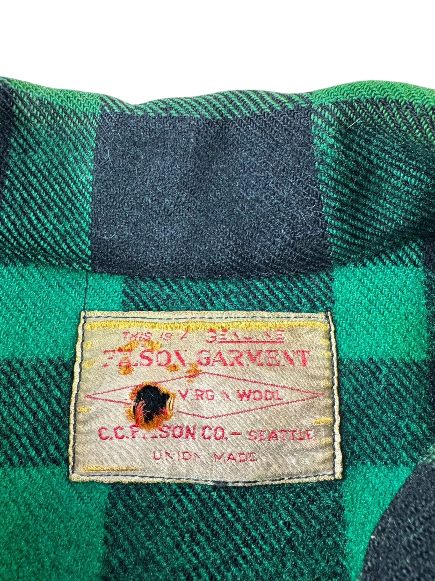 Tag on Vintage Union Made Filson Green and Black Cruiser Jacket SZ 46