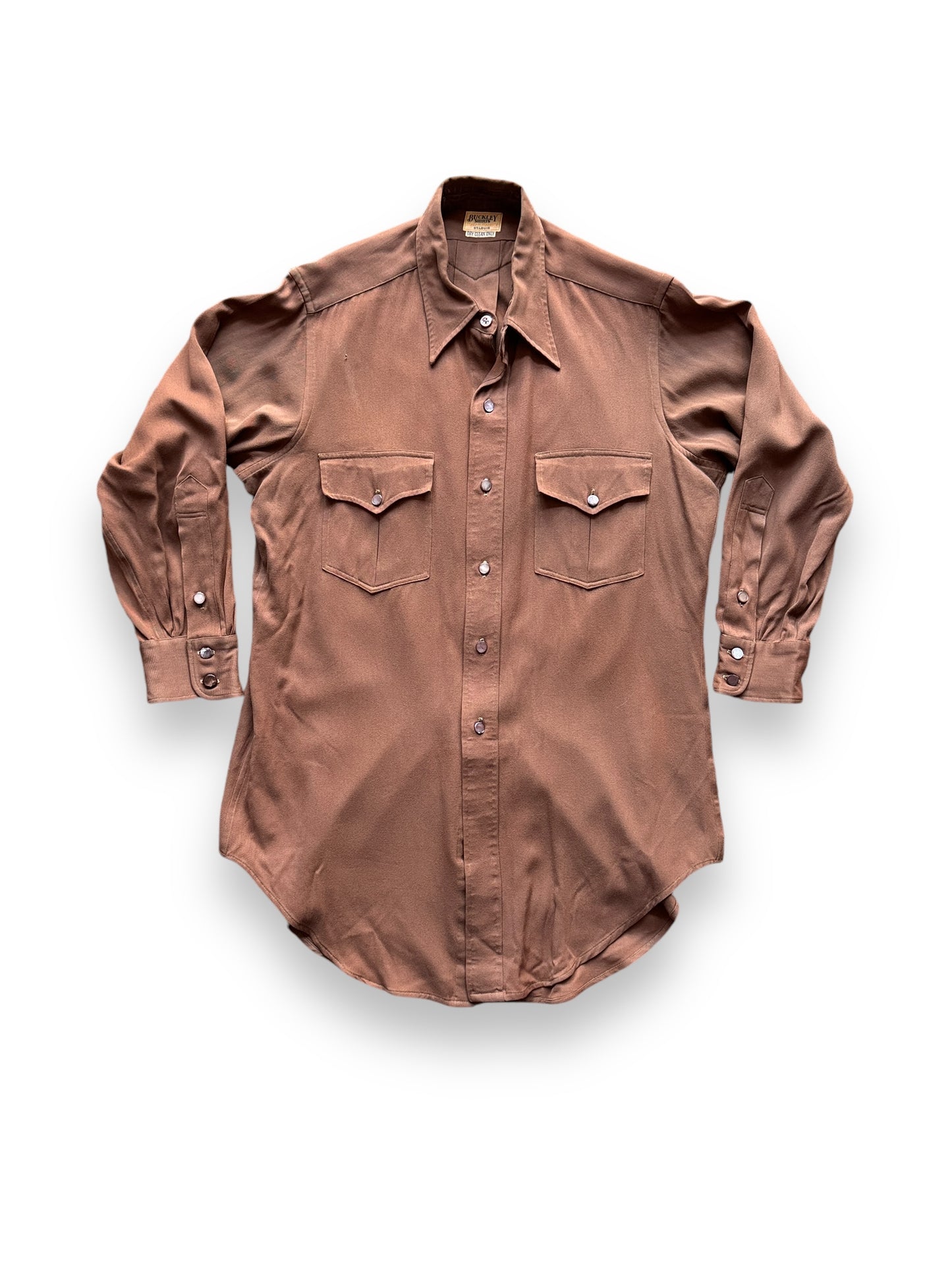 front of Vintage Buckley Shirts Brown Gabardine Western Shirt SZ M