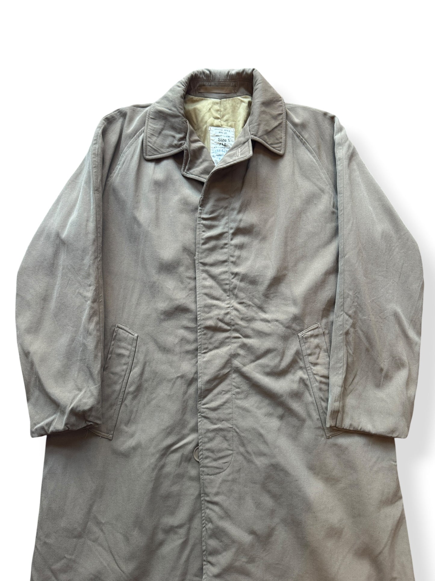 Front Close Up of Vintage Wool Gabardine Trench Coat SZ L