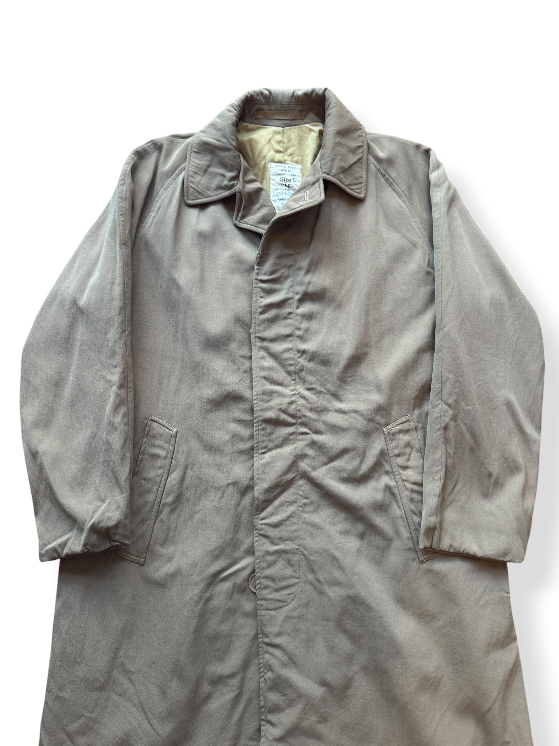 Front Close Up of Vintage Wool Gabardine Trench Coat SZ L