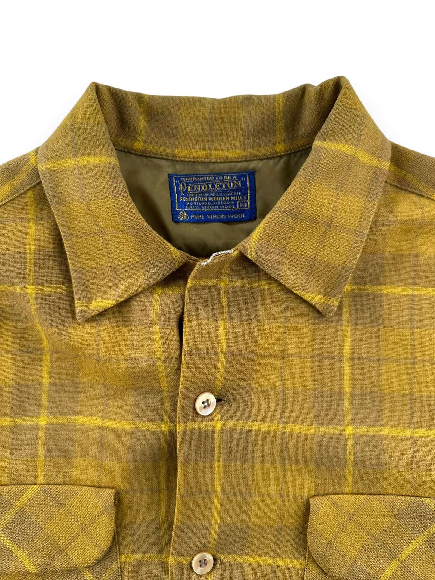 collar on Vintage Pendleton Mustard Plaid Wool Board Shirt SZ M