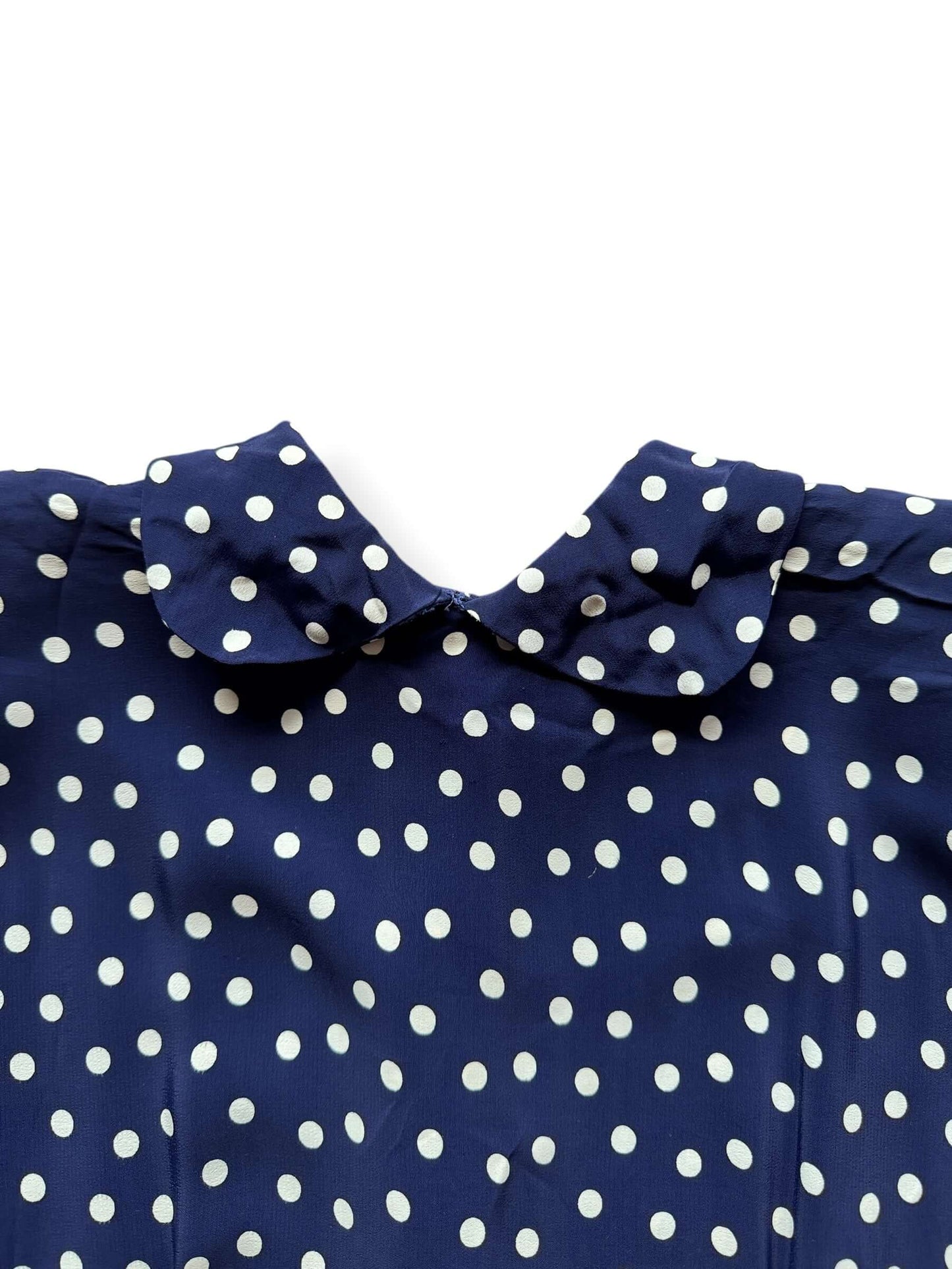 Close up of front neckline of Vintage 1940s Rayon Drop Waist Polka Dot Dress