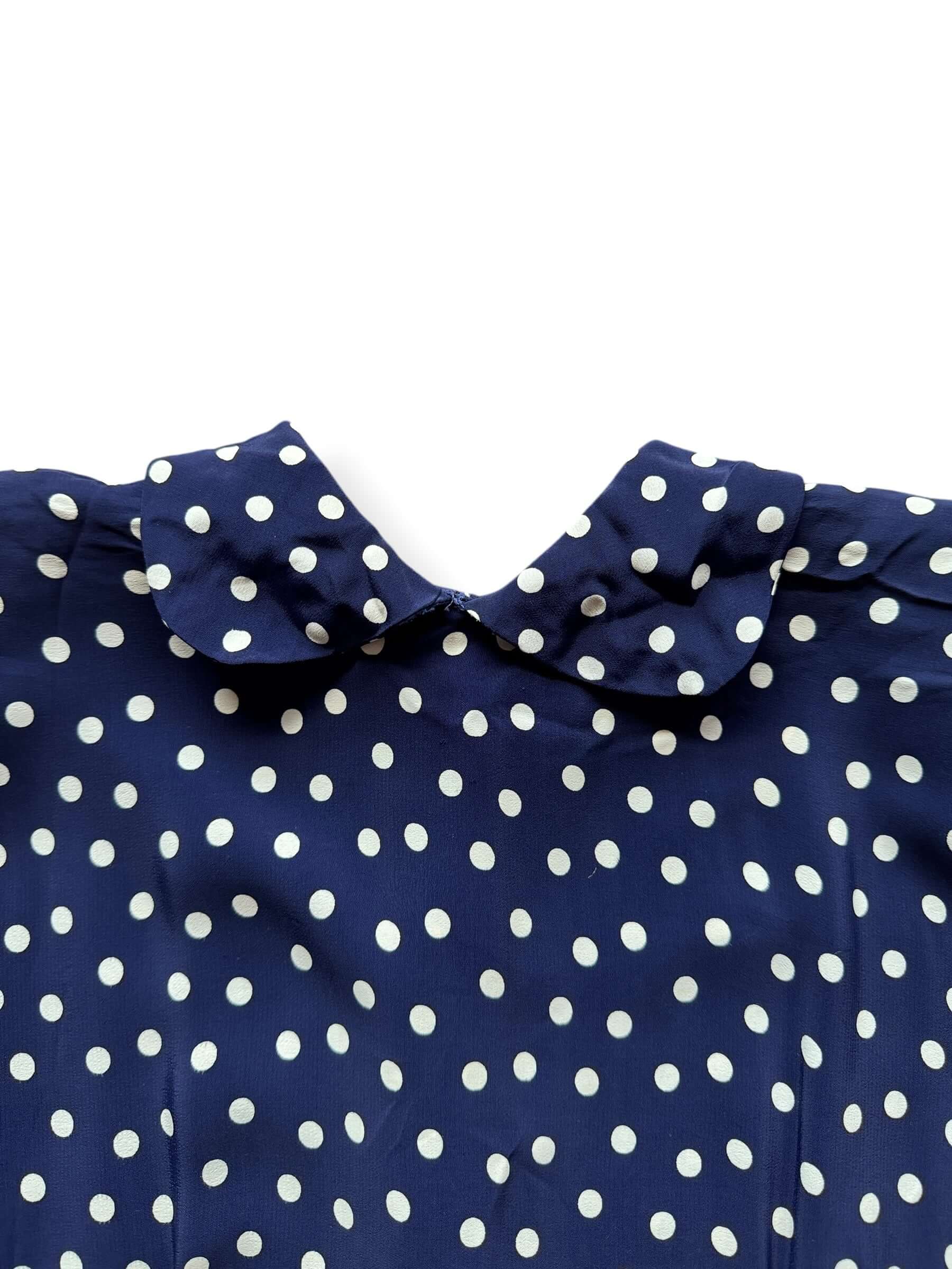 Close up of front neckline of Vintage 1940s Rayon Drop Waist Polka Dot Dress