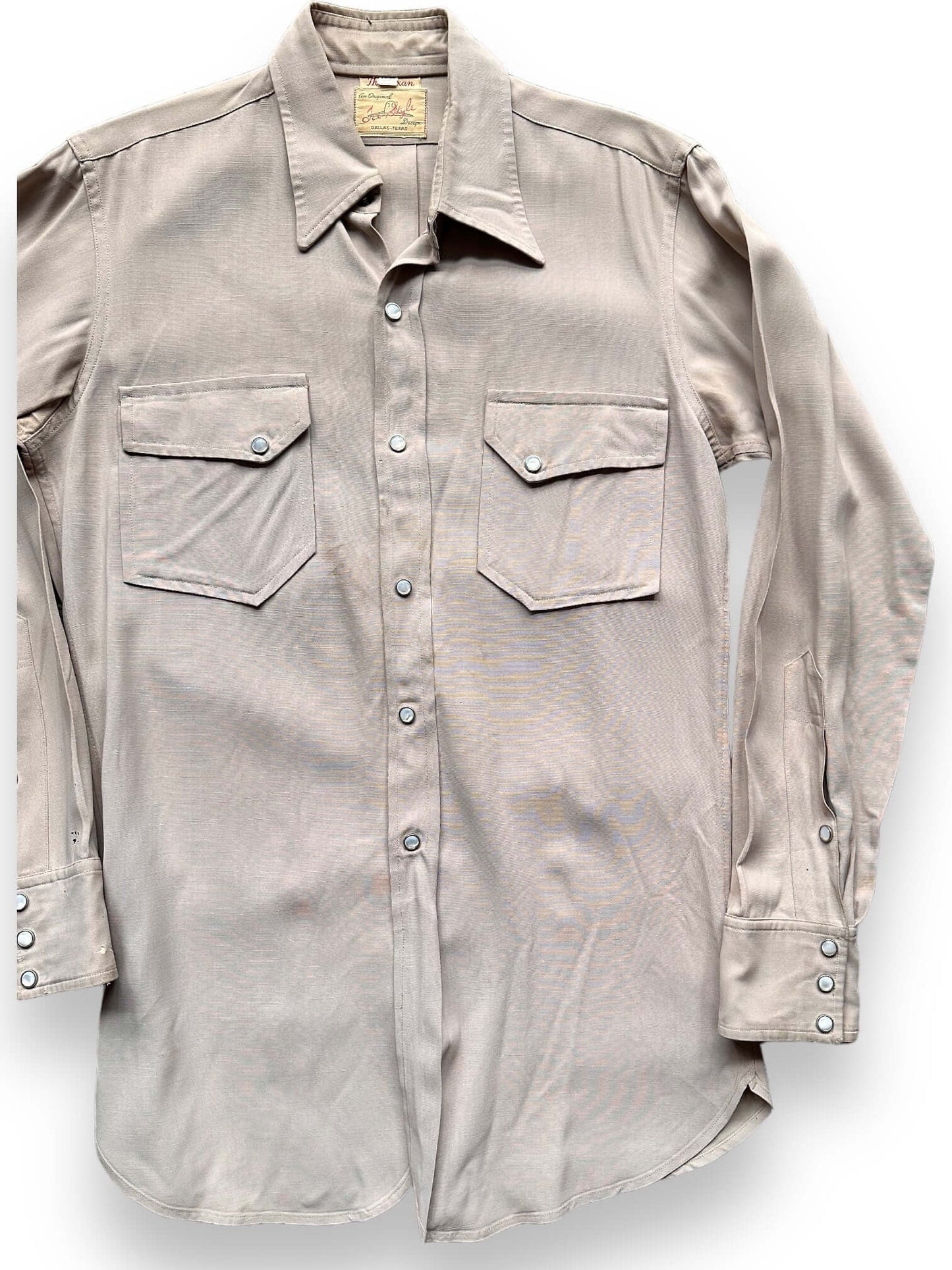 Front Left View of Vintage Tex-Style Gabardine Western Pearl Snap Shirt SZ 15 | Vintage Gabardine Shirt Seattle | Barn Owl Vintage Seattle