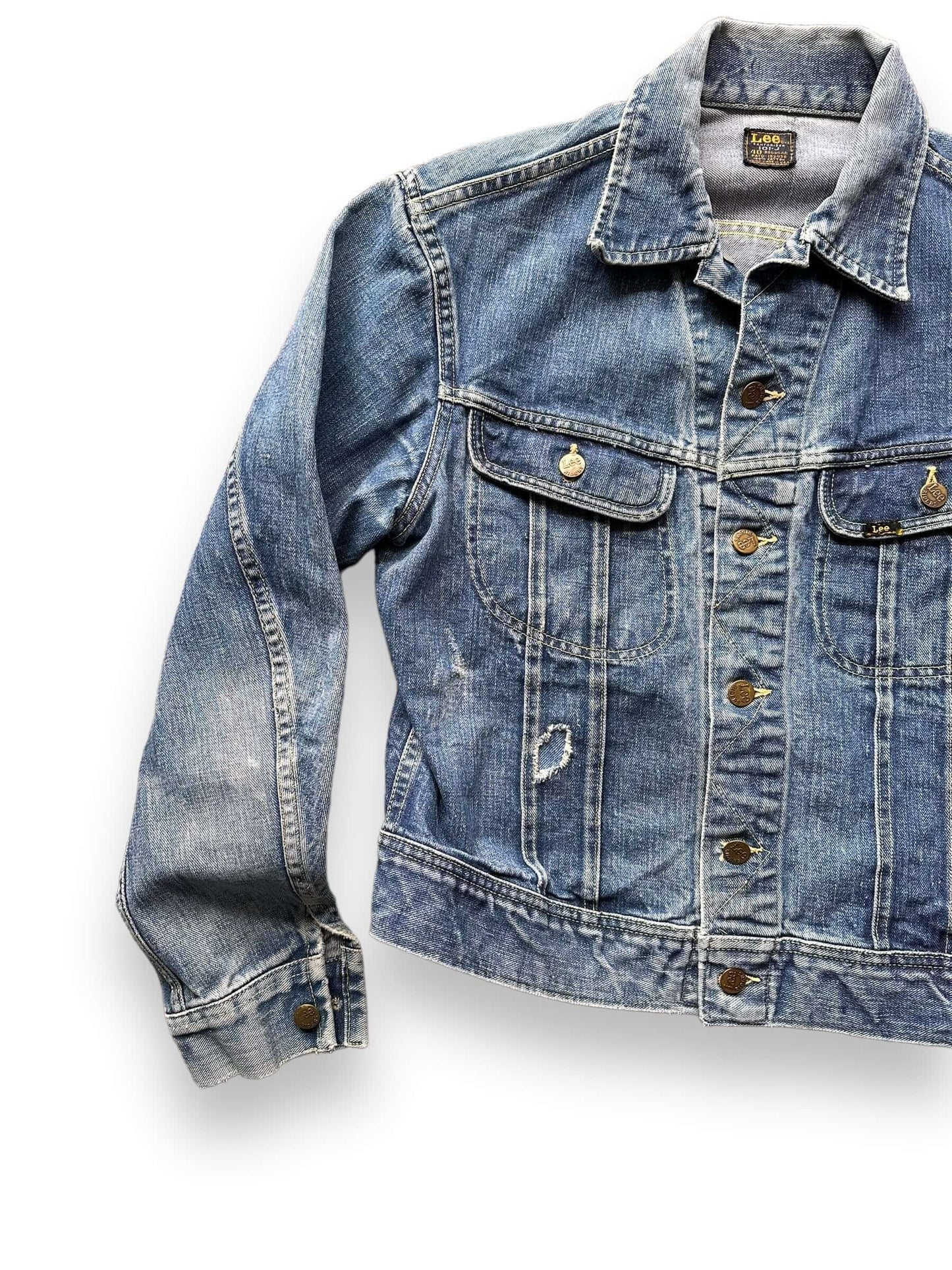 Front Right View of Vintage Lee 101-J Denim Jacket SZ 40 | Vintage Denim Workwear Seattle