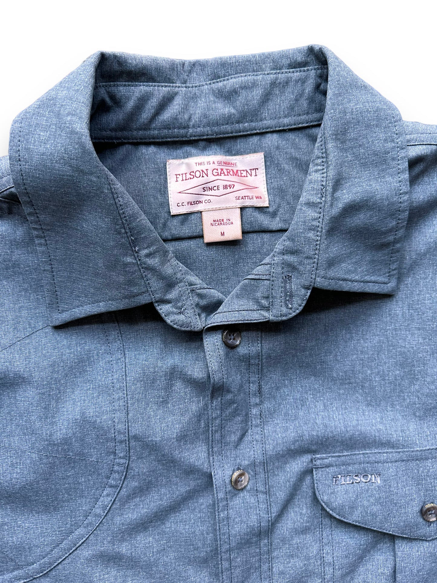 Filson Tag View of Filson Carbon Blue Right Handed Shooting Shirt SZ M |  Barn Owl Vintage Goods | Vintage Filson Workwear Seattle