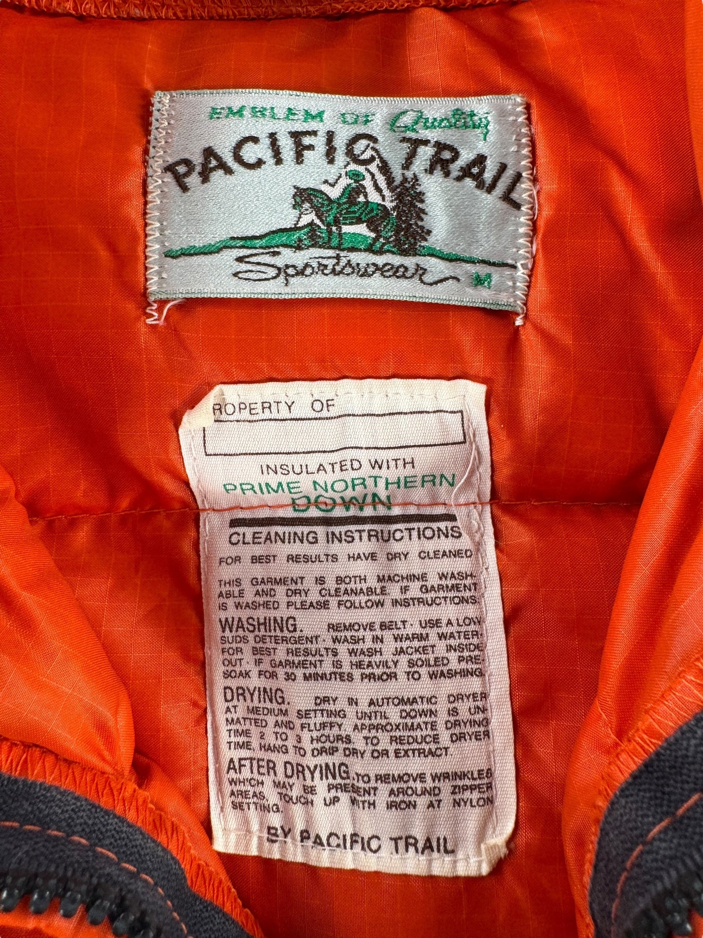 Label on Vintage Pacific Trail Down Vest SZ M