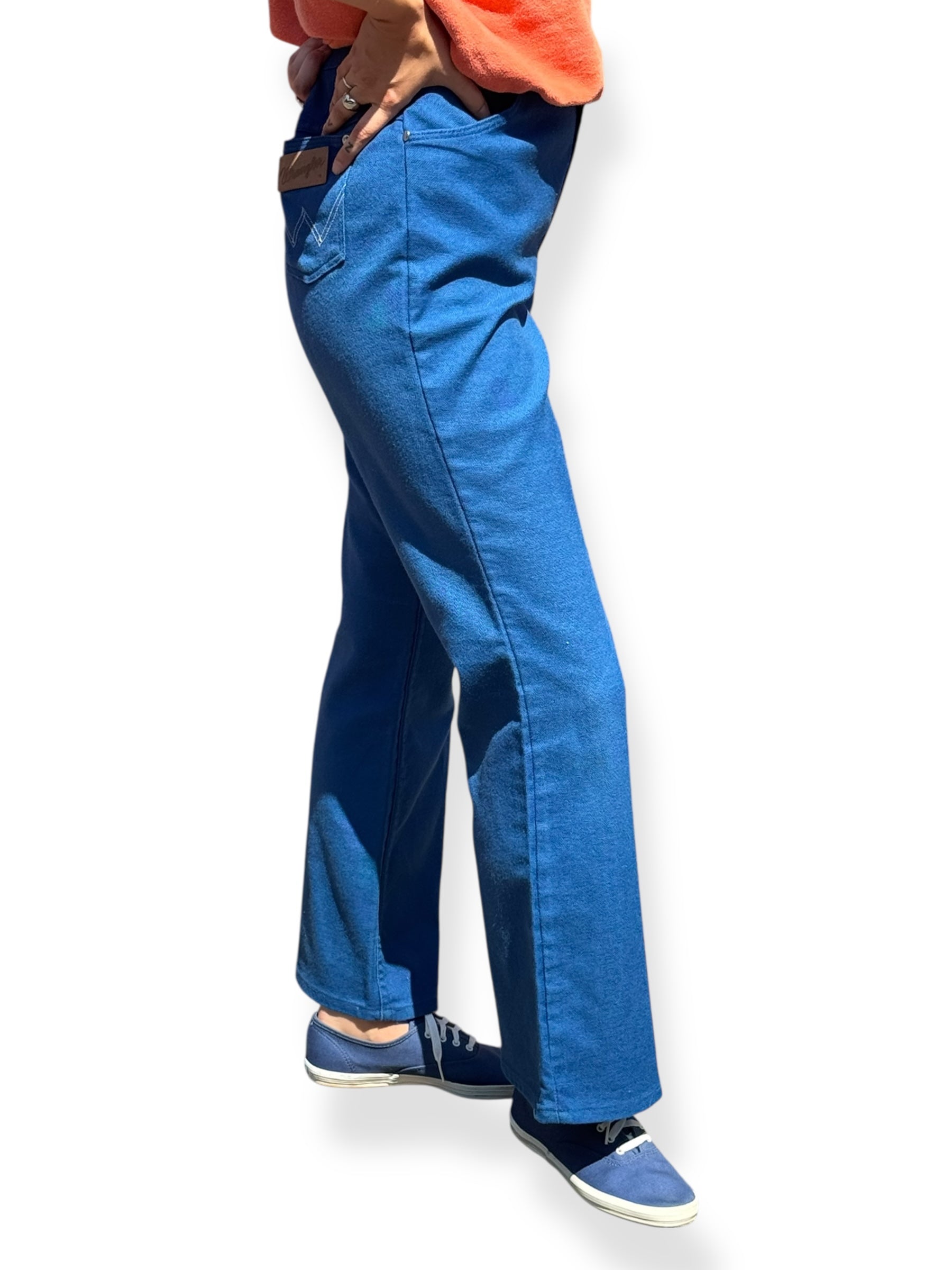 Side On Body Close Up of Vintage Blue Miss Wrangler Jeans W32