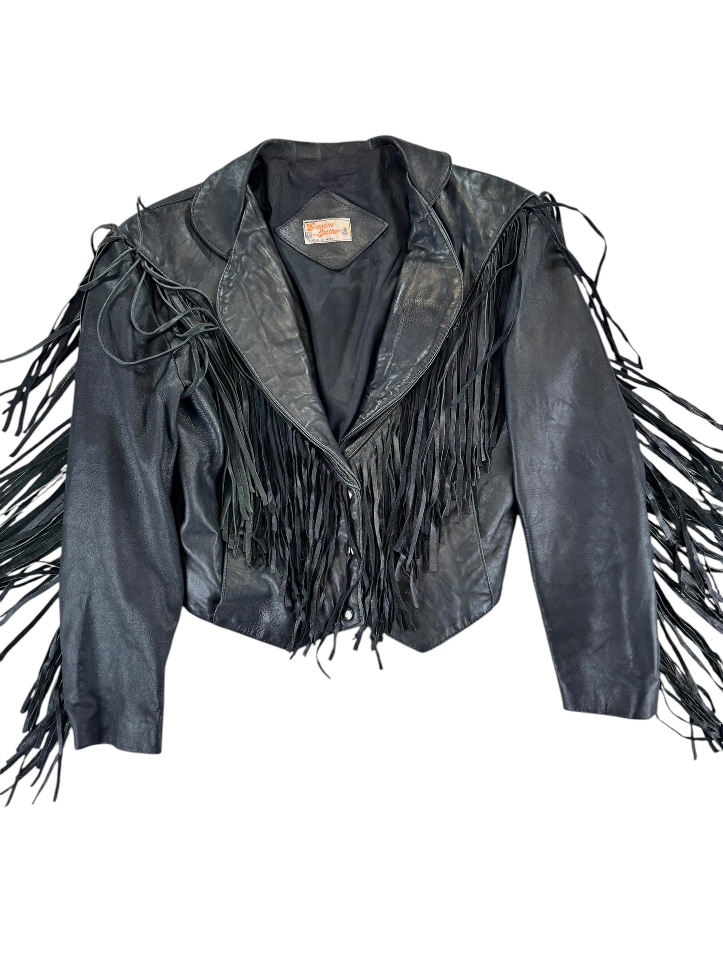 Front flat view of 1980s Black Leather Fringe Cropped Jacket M