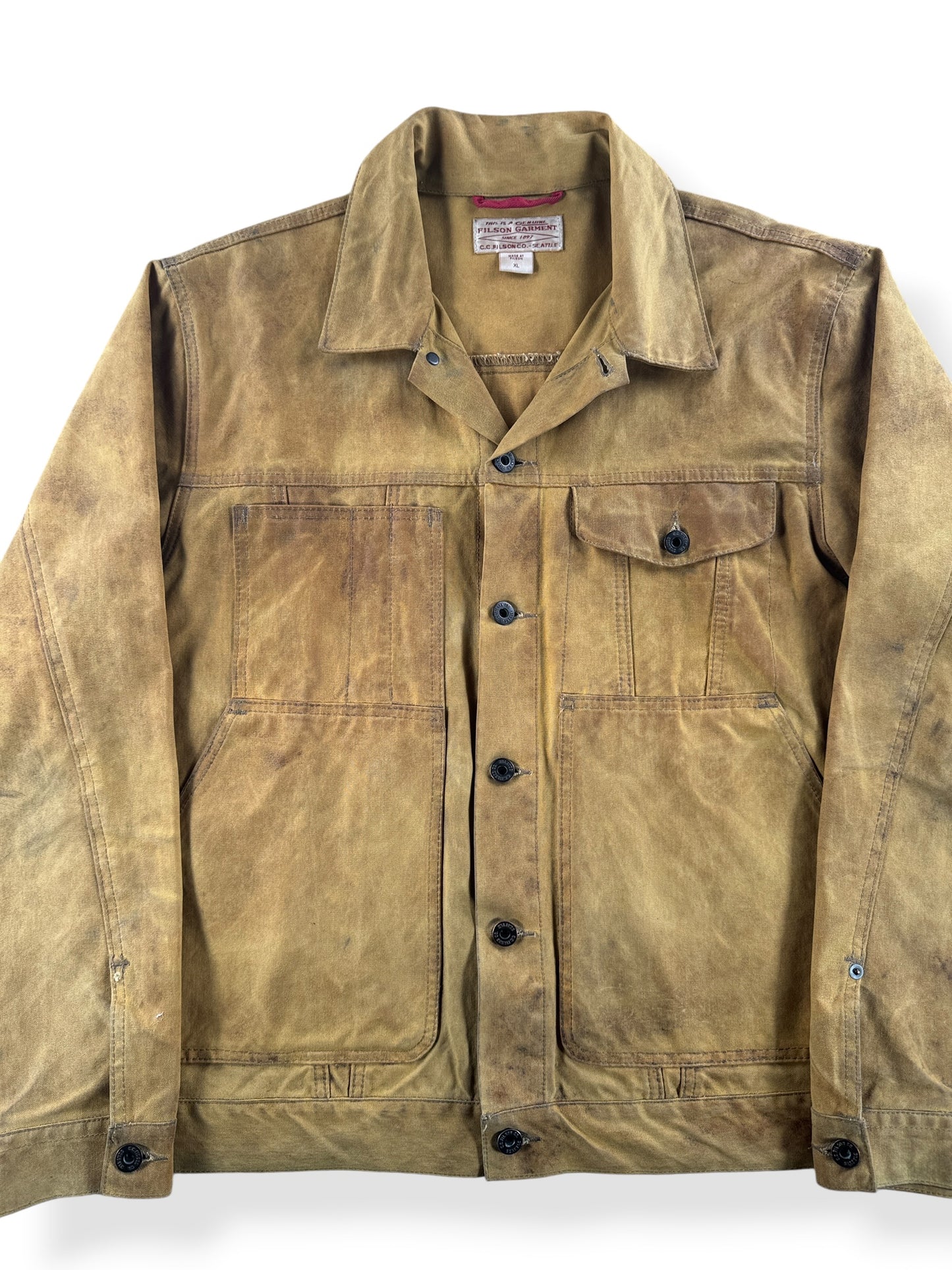 Front Close Up of Filson Tin Cloth Short Lined Cruiser Jacket SZ XL (Fits L)