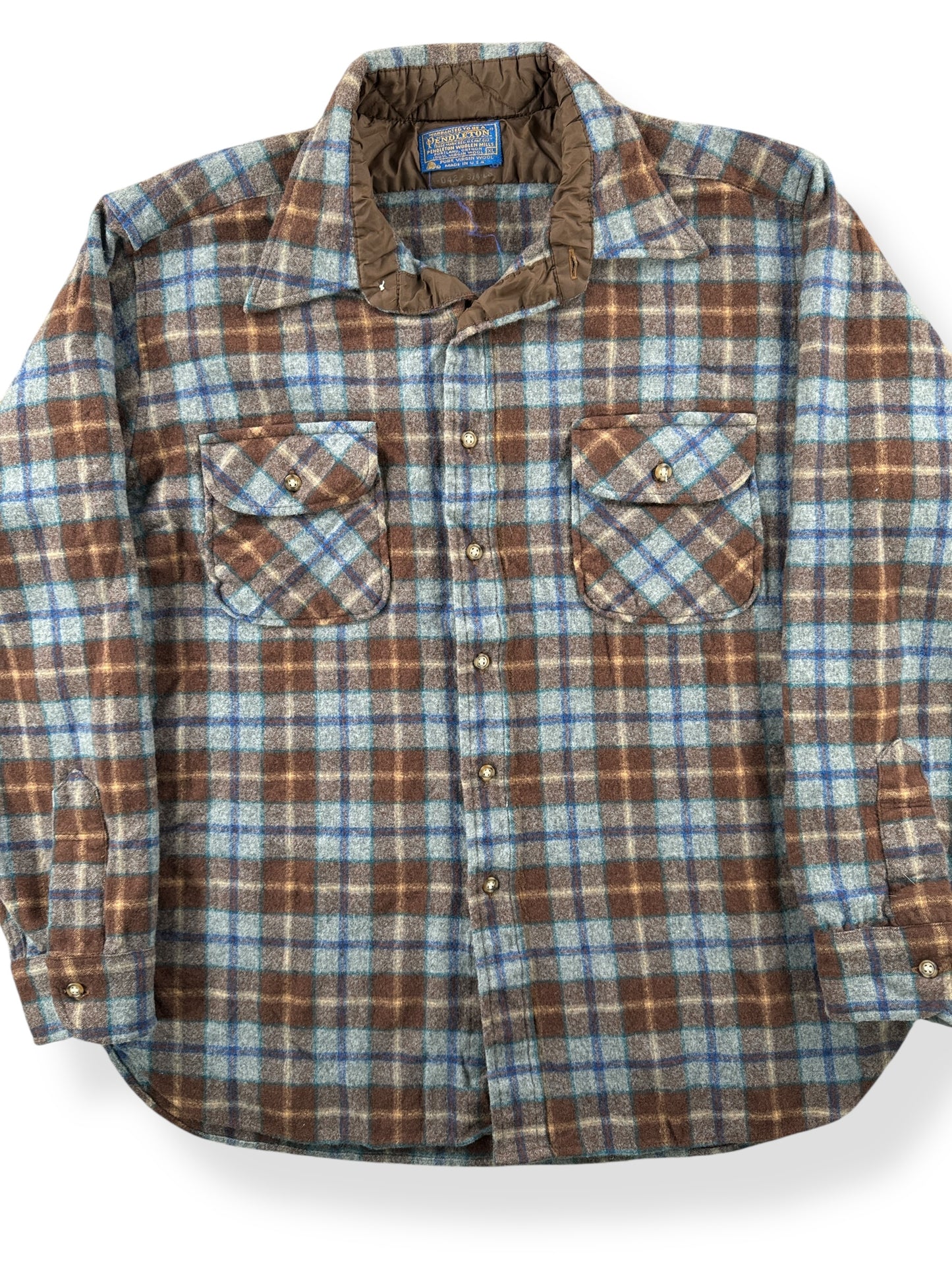 Front Close Up of Vintage Blue and Brown Pendleton Flannel SZ XL