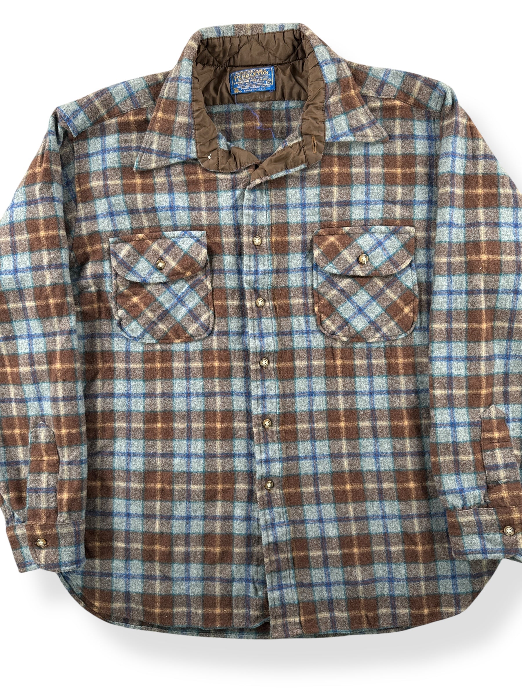 Front Close Up of Vintage Blue and Brown Pendleton Flannel SZ XL