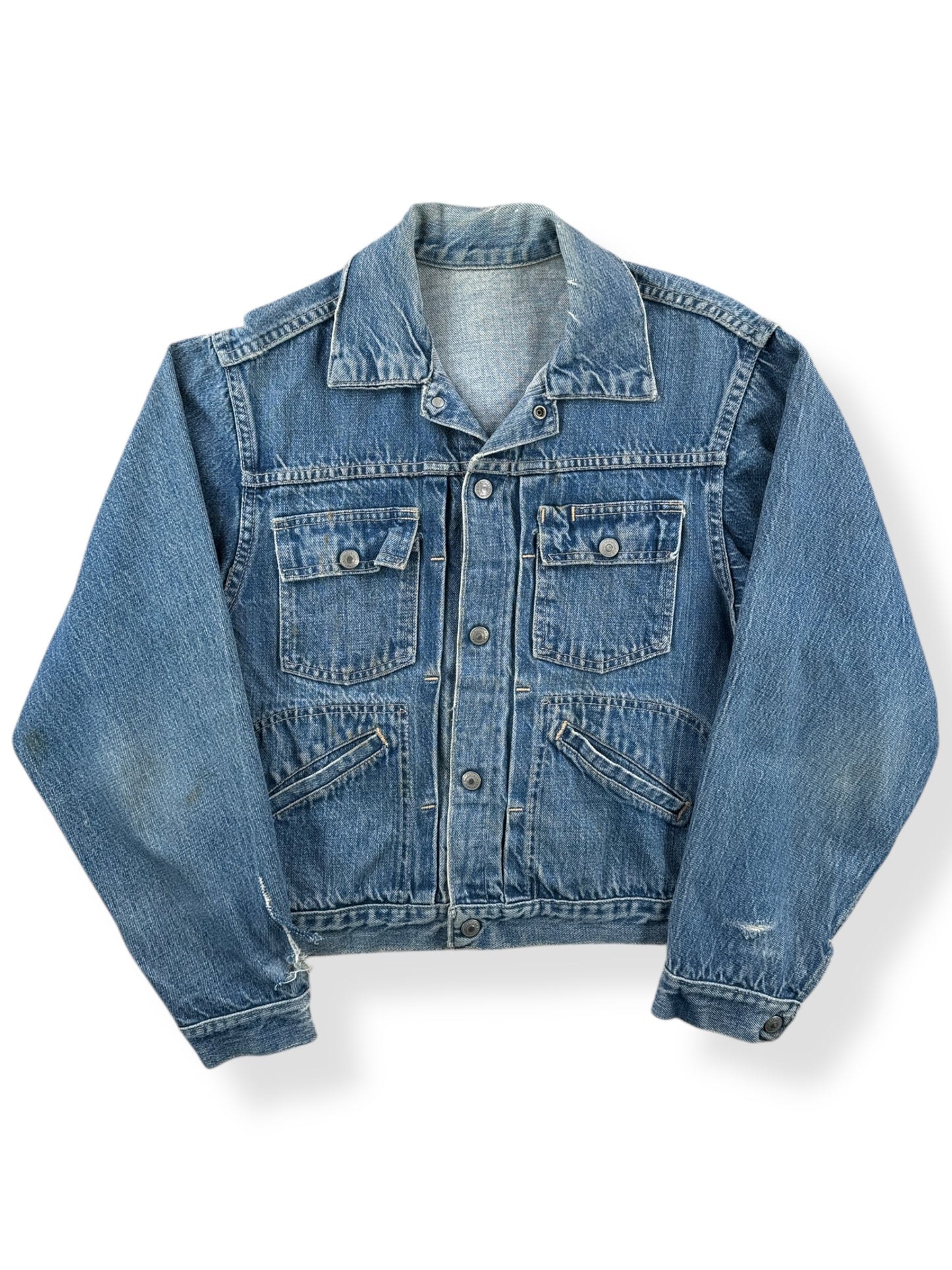 Front of Vintage Ranchcraft Pleated Denim Jacket SZ S AS IS