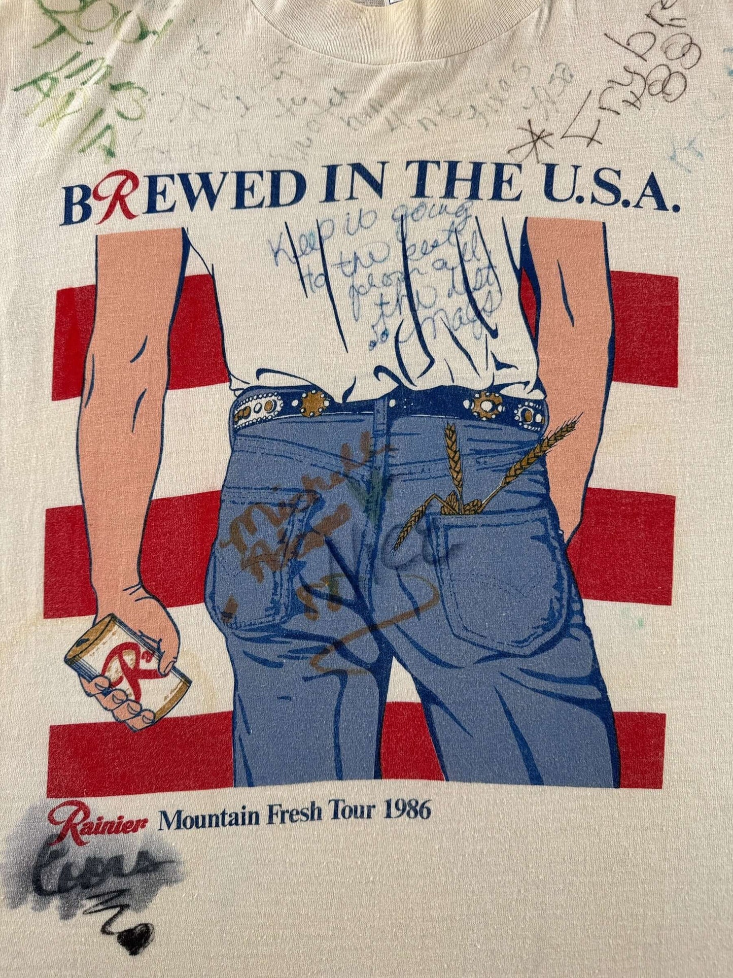 Graphic of Vintage 80s Rainier Brewed in the USA Signature Tee SZ M