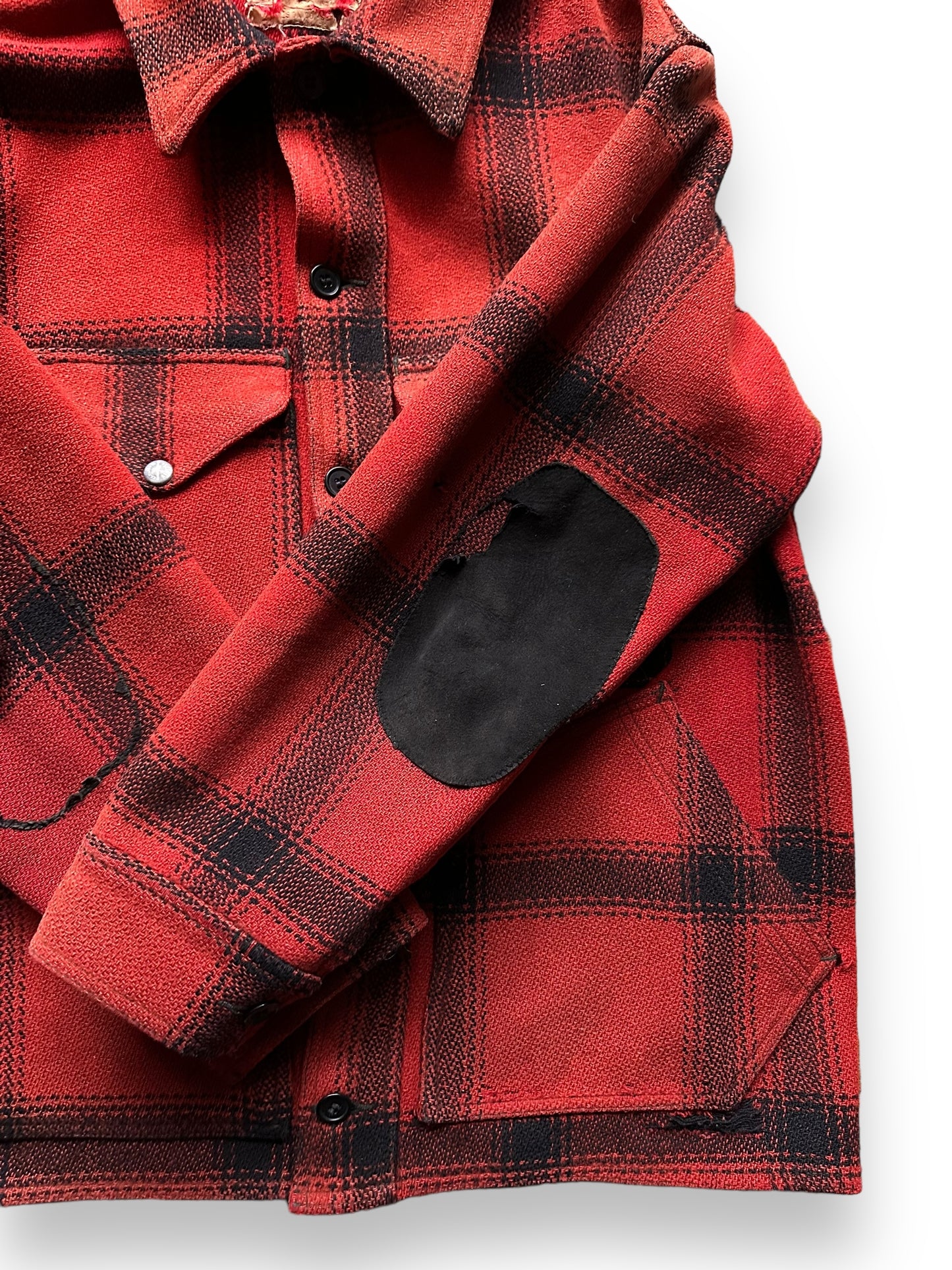 Left Sleeve View of Vintage 75% Red Filson Hunter Wool Jacket SZ 44 | Vintage Filson Workwear Seattle | Vintage Workwear Seattle