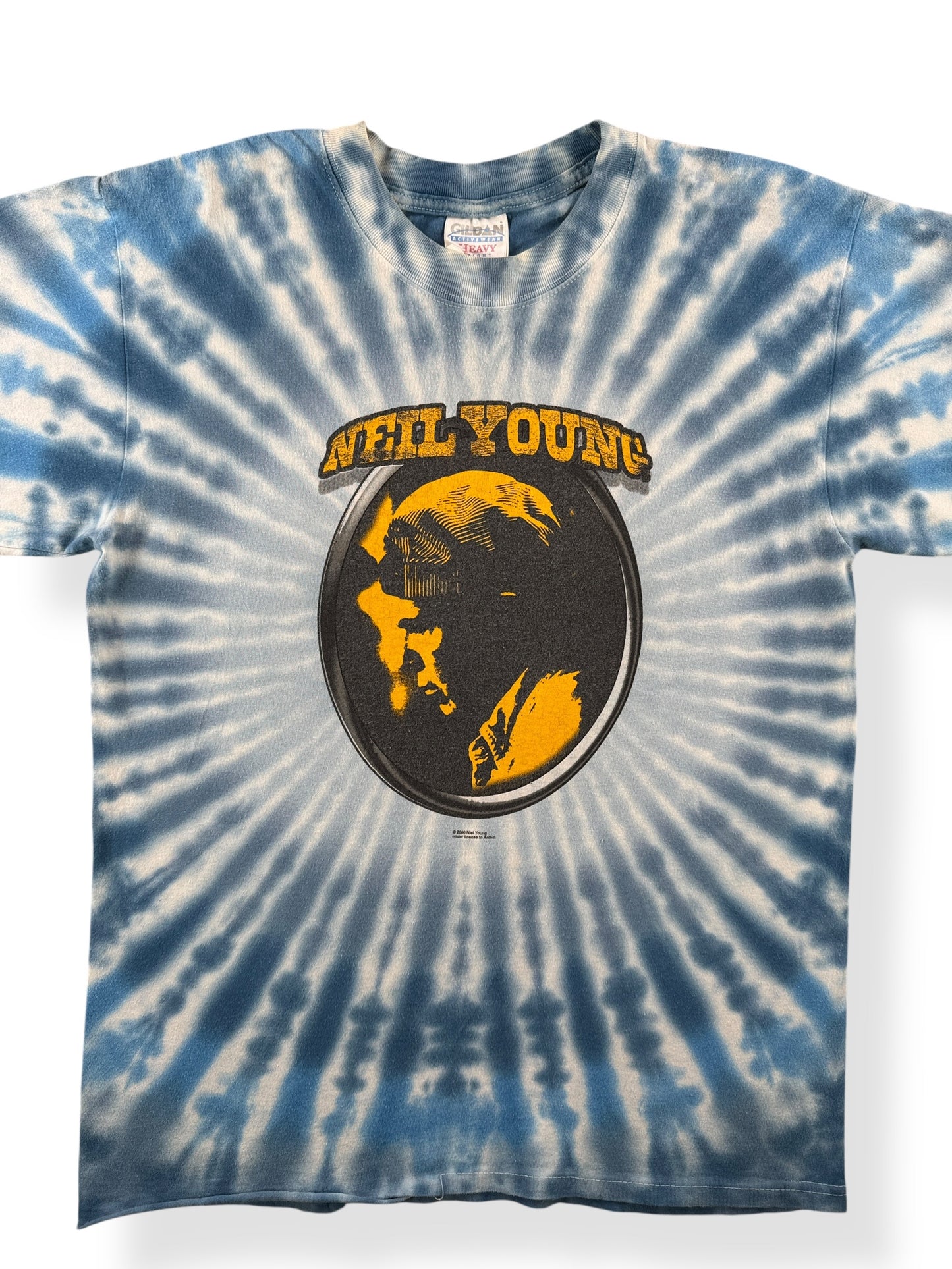 Front Close Up of Vintage 2000 Neil Young Music in Head Tour Tie Dye Tee SZ L (Fits M)