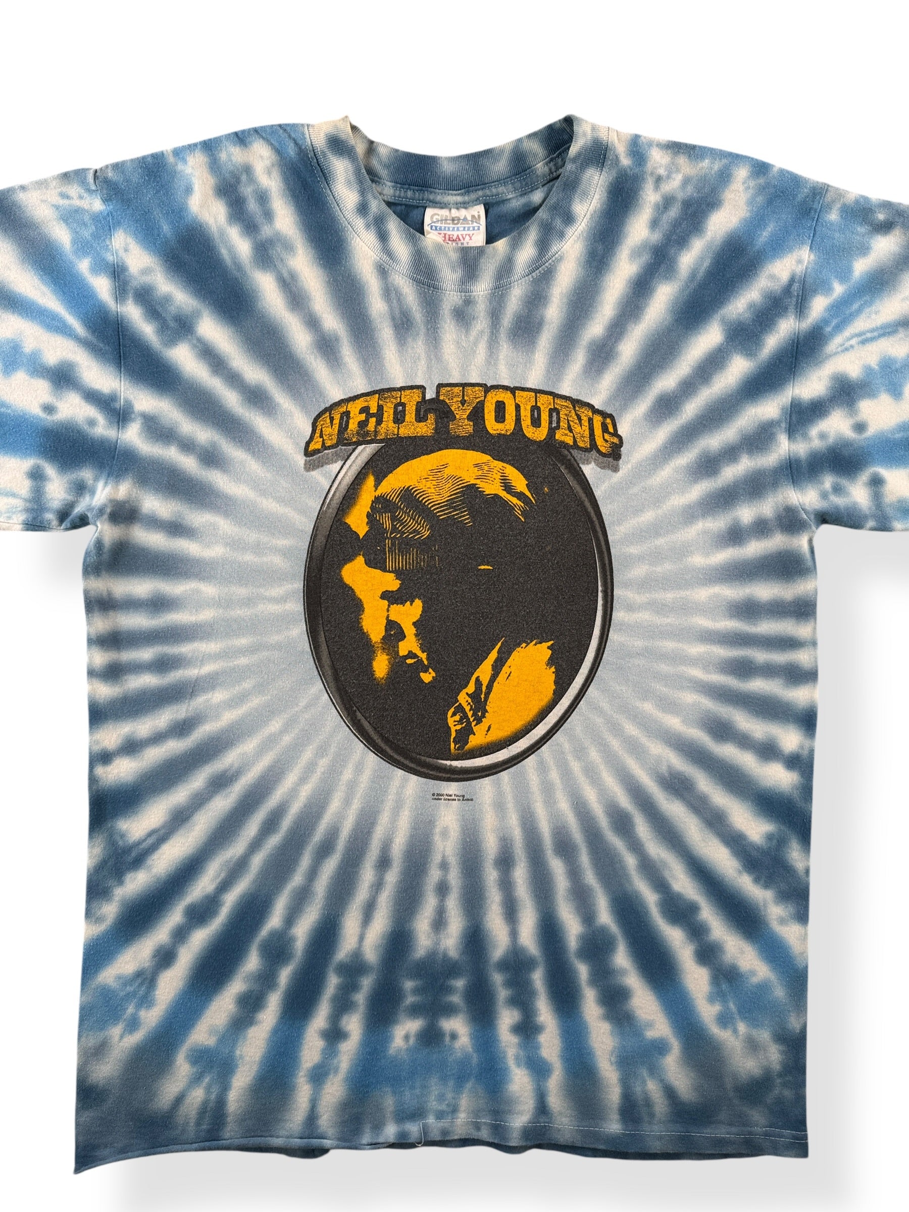 Front Close Up of Vintage 2000 Neil Young Music in Head Tour Tie Dye Tee SZ L (Fits M)
