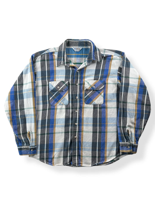Front of Vintage Blue Plaid Five Brothers Cotton Flannel SZ XL
