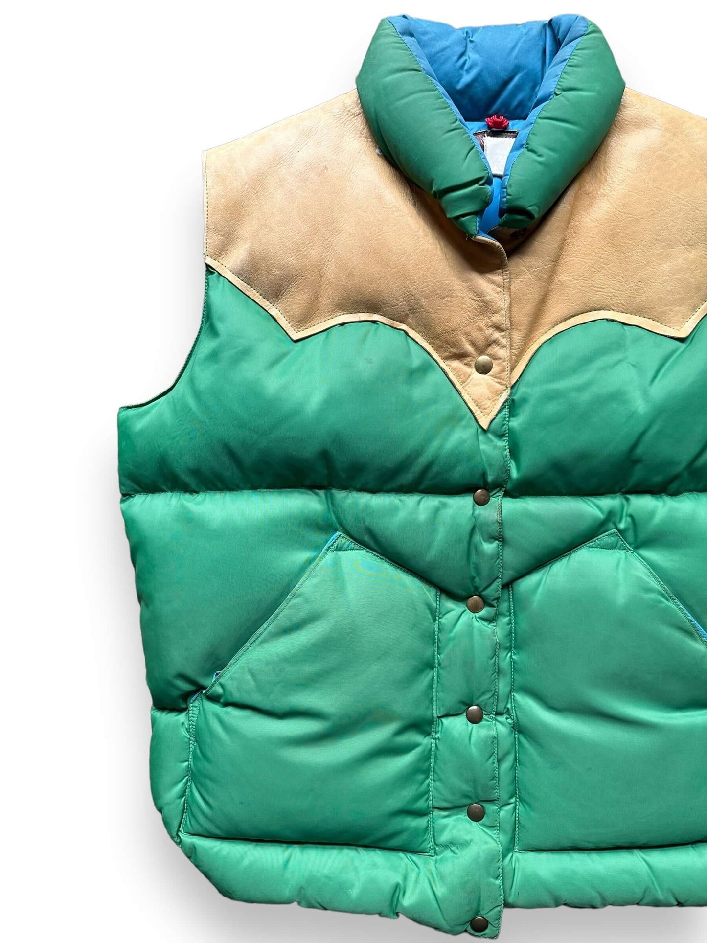 Front Right View of Vintage Rocky Mountain Featherbed Green and Blue Down Vest SZ XL