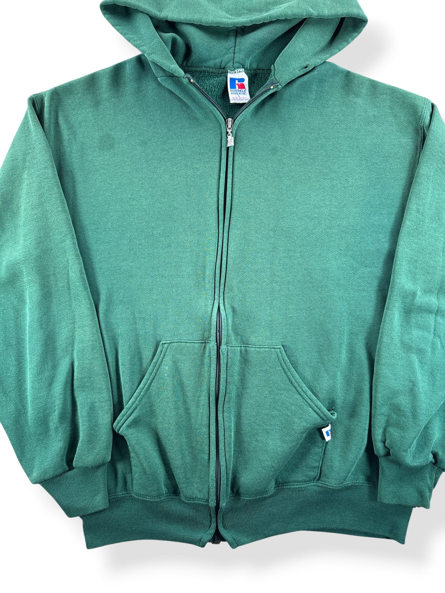 Front Close Up of Vintage Russell Athletic Green Zip Hoodie SZ L