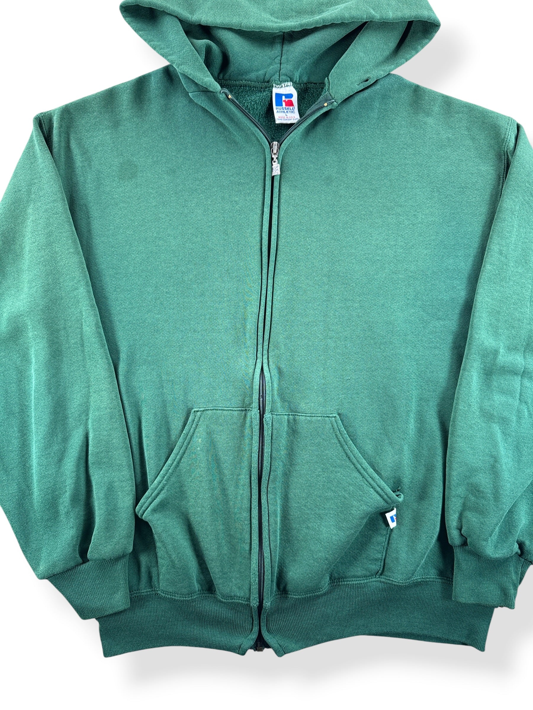 Front Close Up of Vintage Russell Athletic Green Zip Hoodie SZ L