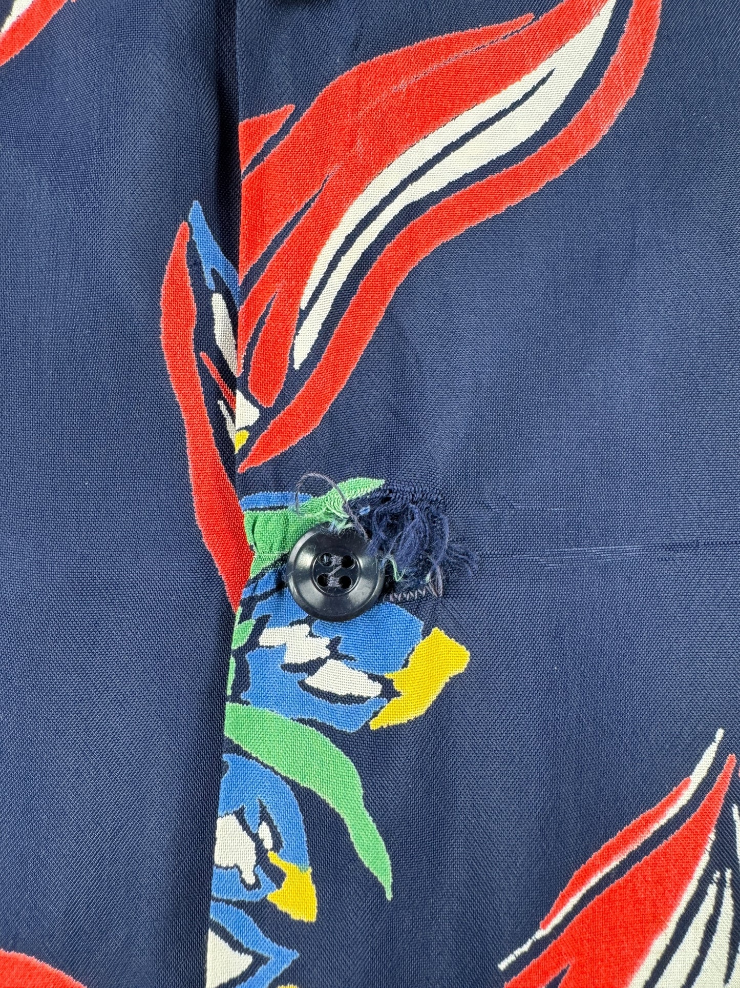 Wear on Button Hole on Vintage Navy Blue Floral Aloha Shirt SZ L AS IS