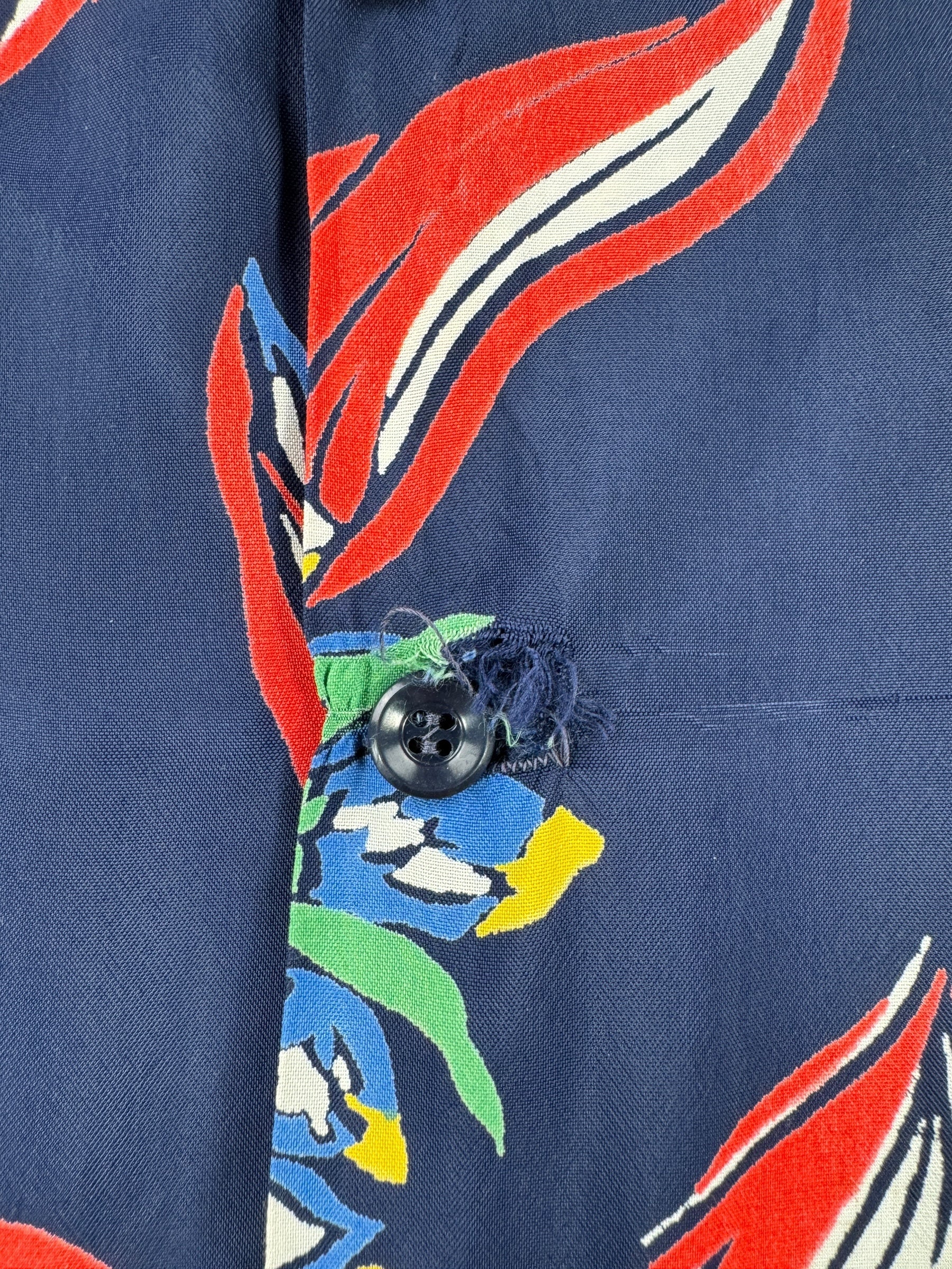 Wear on Button Hole on Vintage Navy Blue Floral Aloha Shirt SZ L AS IS