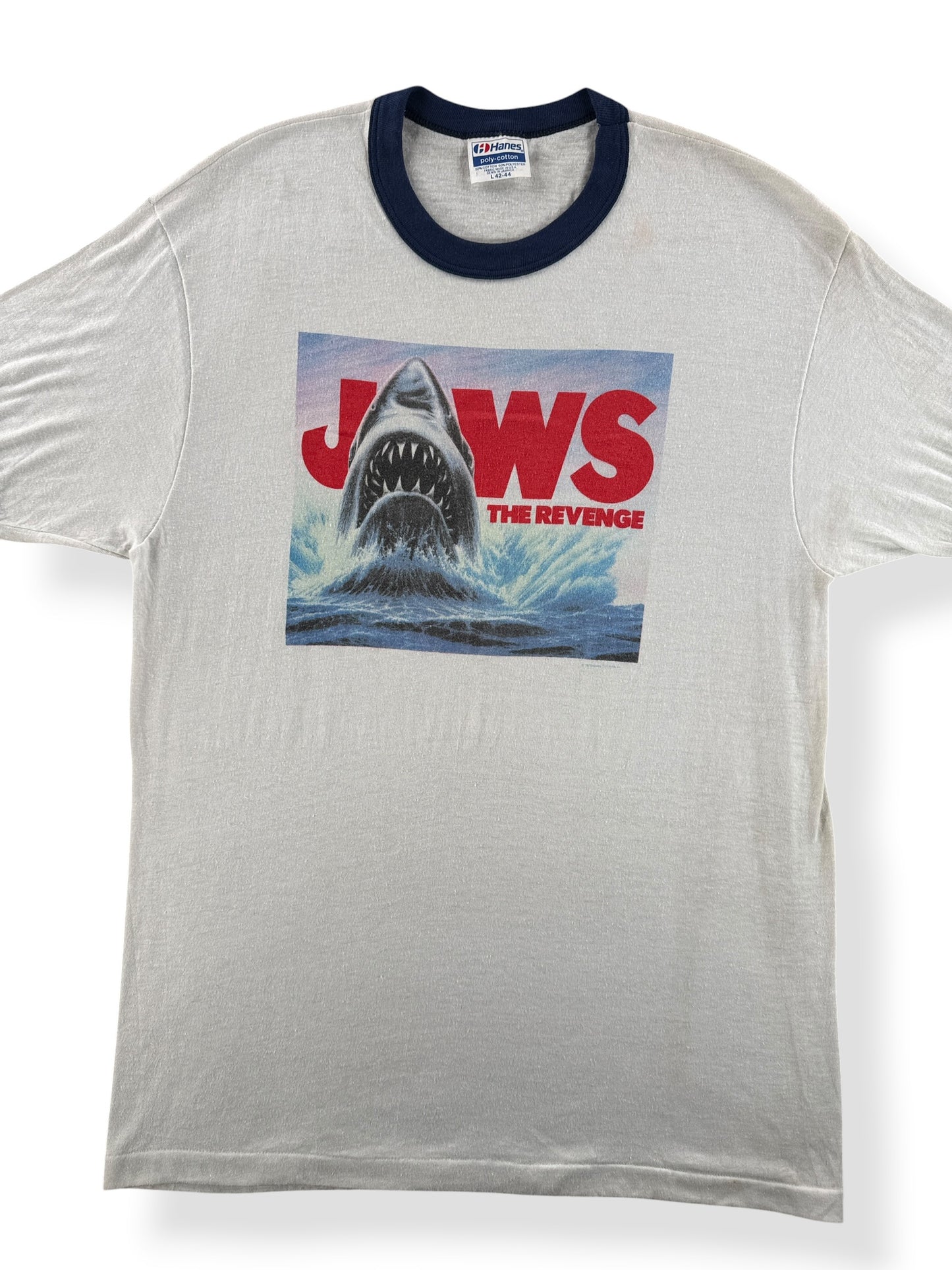 Front Close Up of Vintage Jaws the Revenge Ringer Tee SZ L (Fits M)