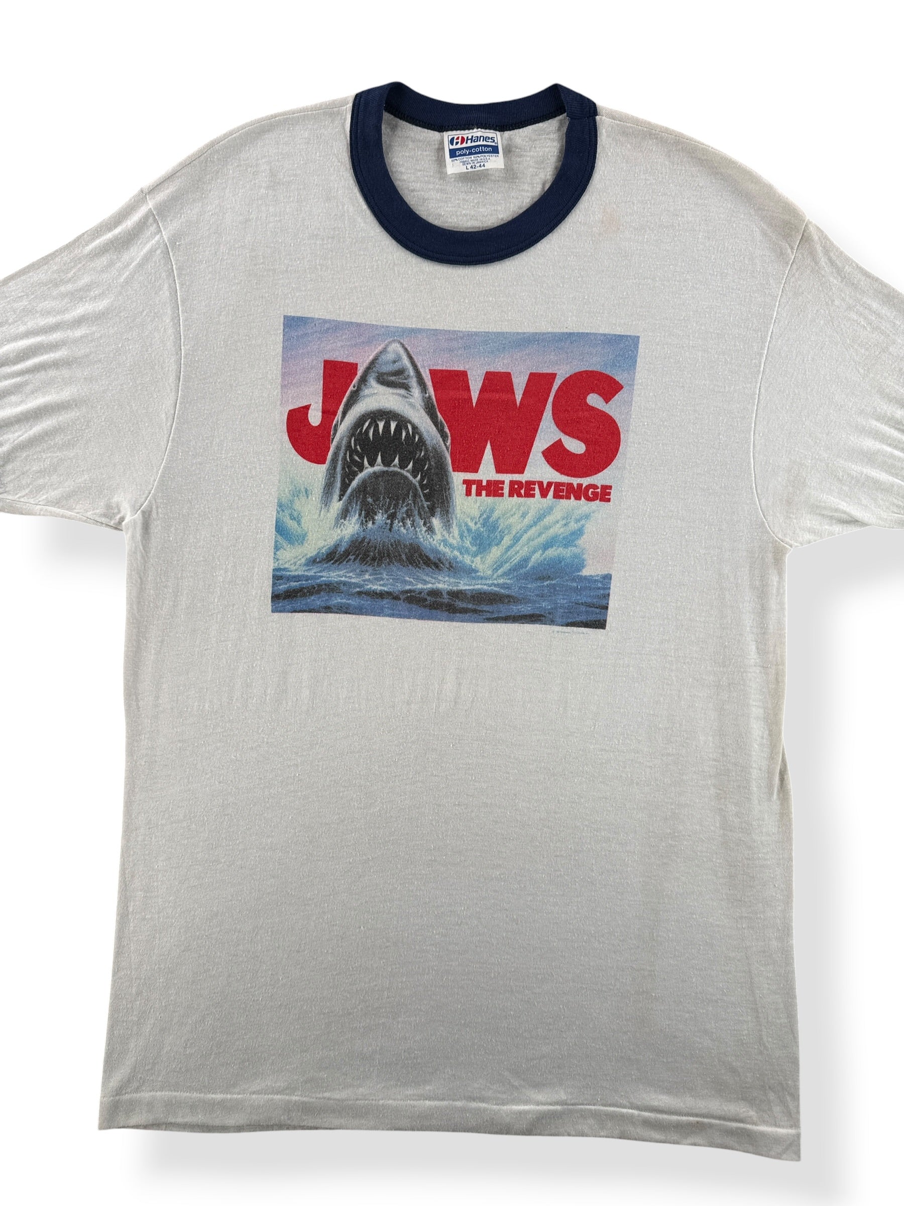 Front Close Up of Vintage Jaws the Revenge Ringer Tee SZ L (Fits M)