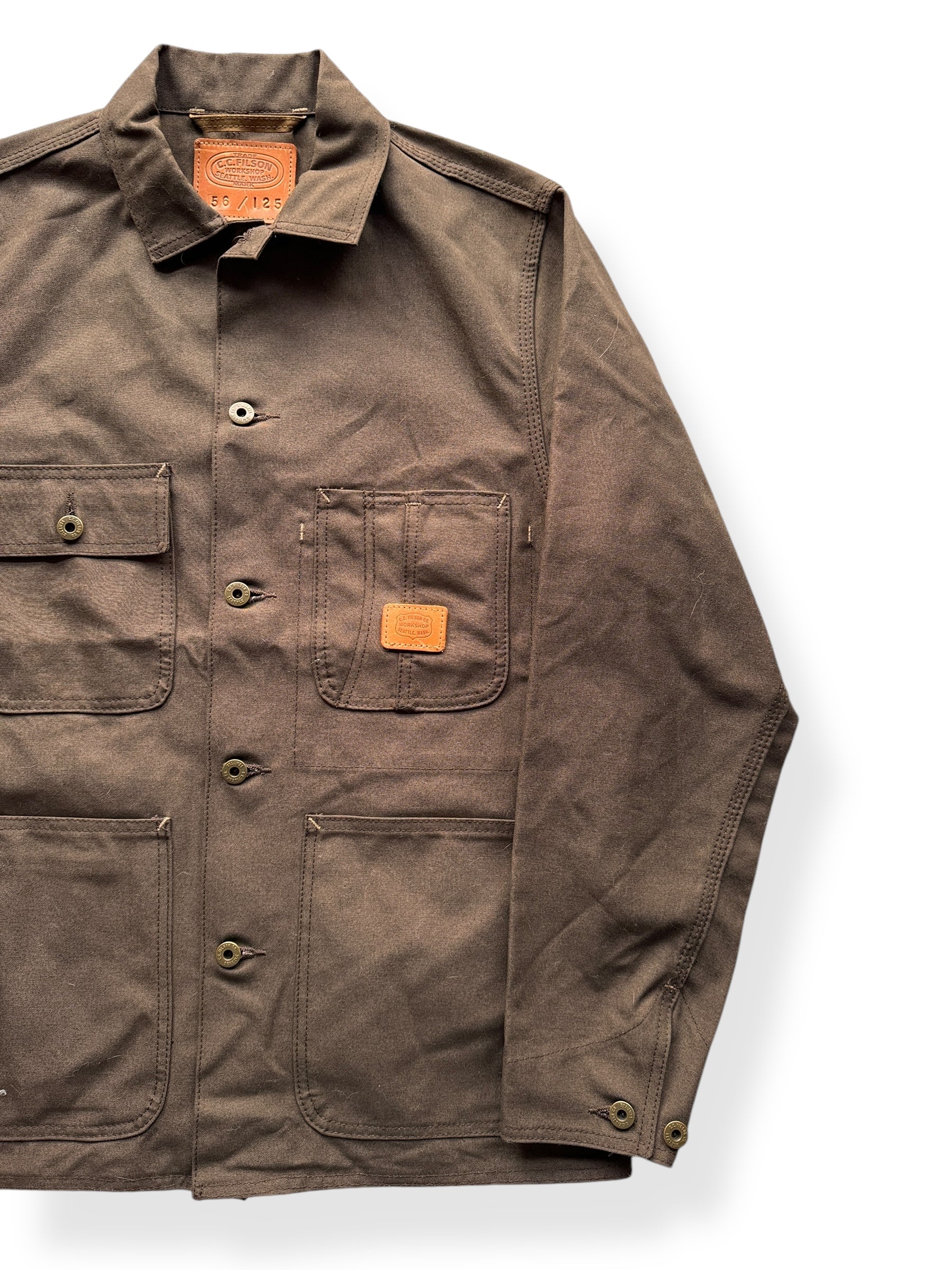 Front Left of Filson Brown Workshop Jacket SZ S