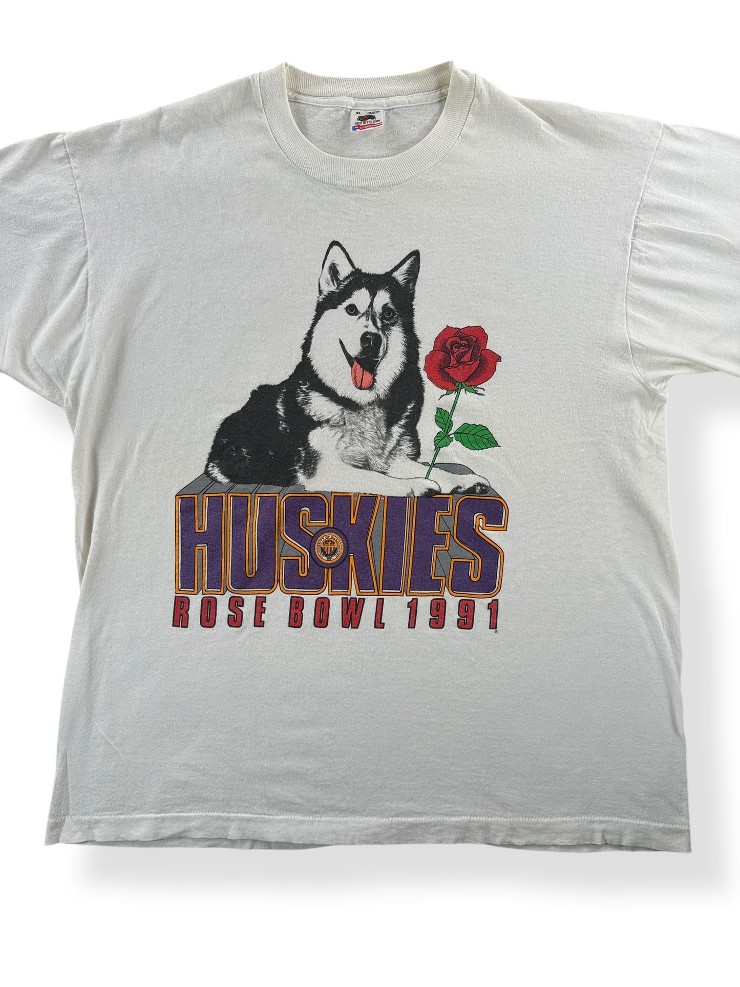 Front Close Up of Vintage 1991 UW Huskies Rose Bowl Tee SZ XL