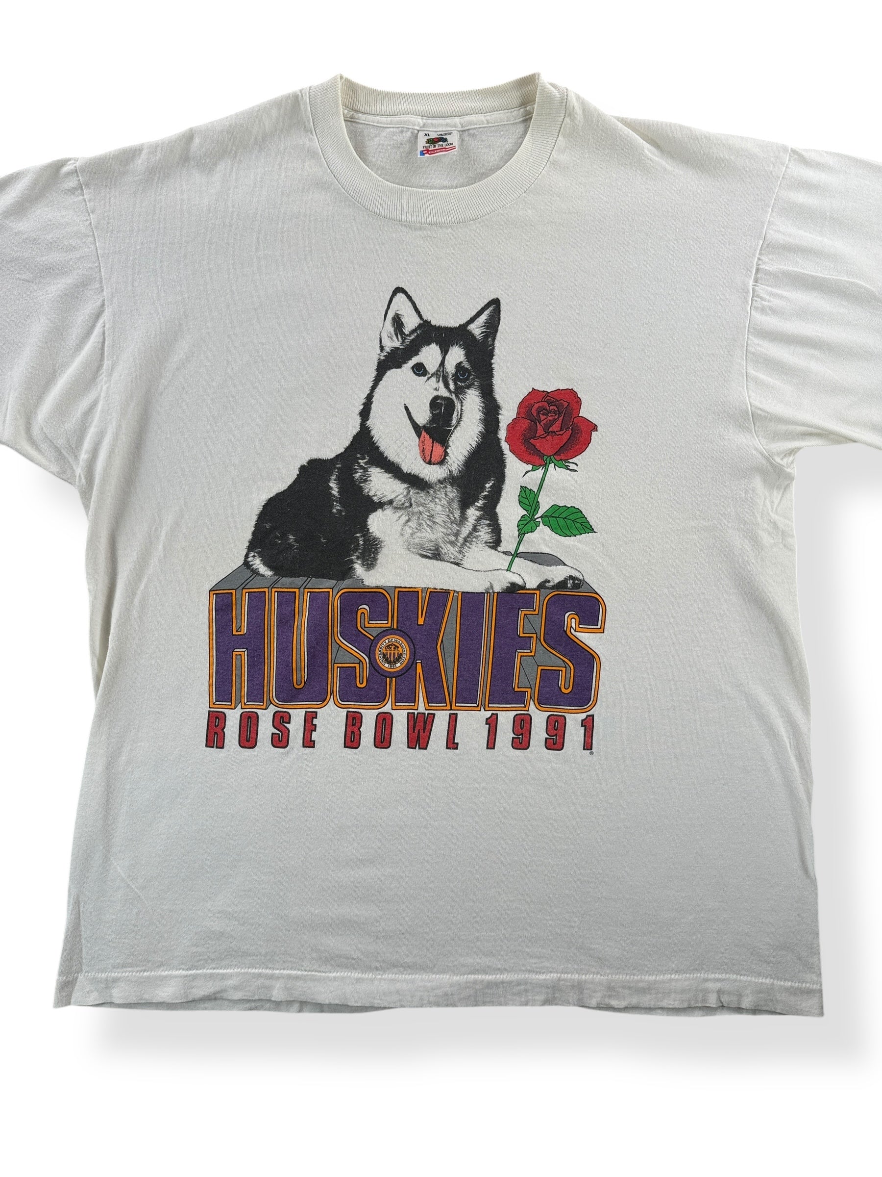 Front Close Up of Vintage 1991 UW Huskies Rose Bowl Tee SZ XL