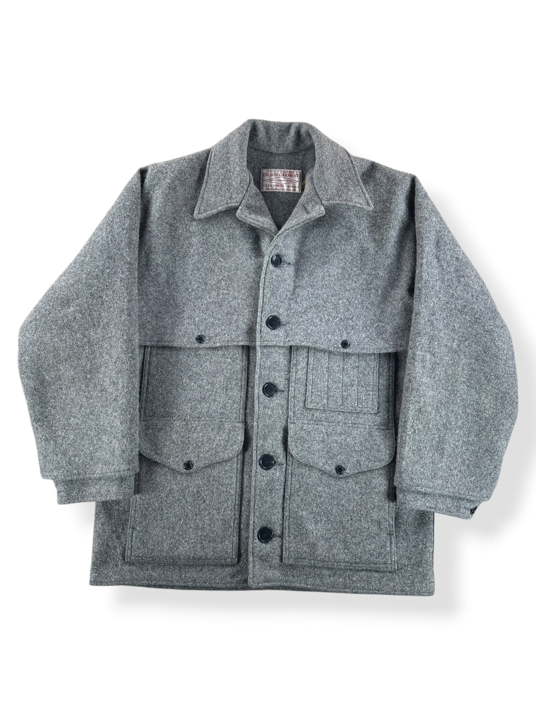 Front of Vintage 80s Era Filson Heather Grey Double Mackinaw SZ 44