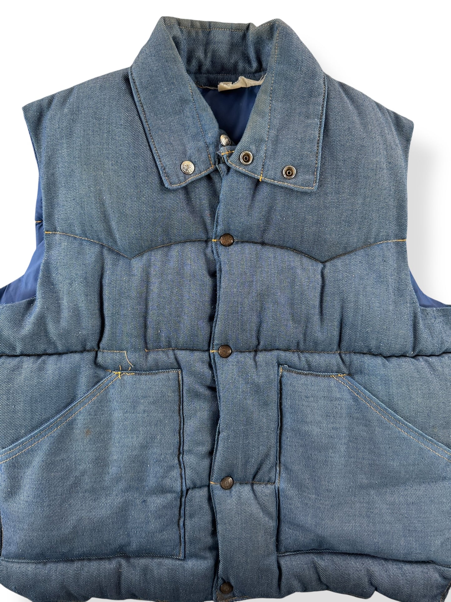 Front Close Up of Vintage Denim Puffer Vest SZ L