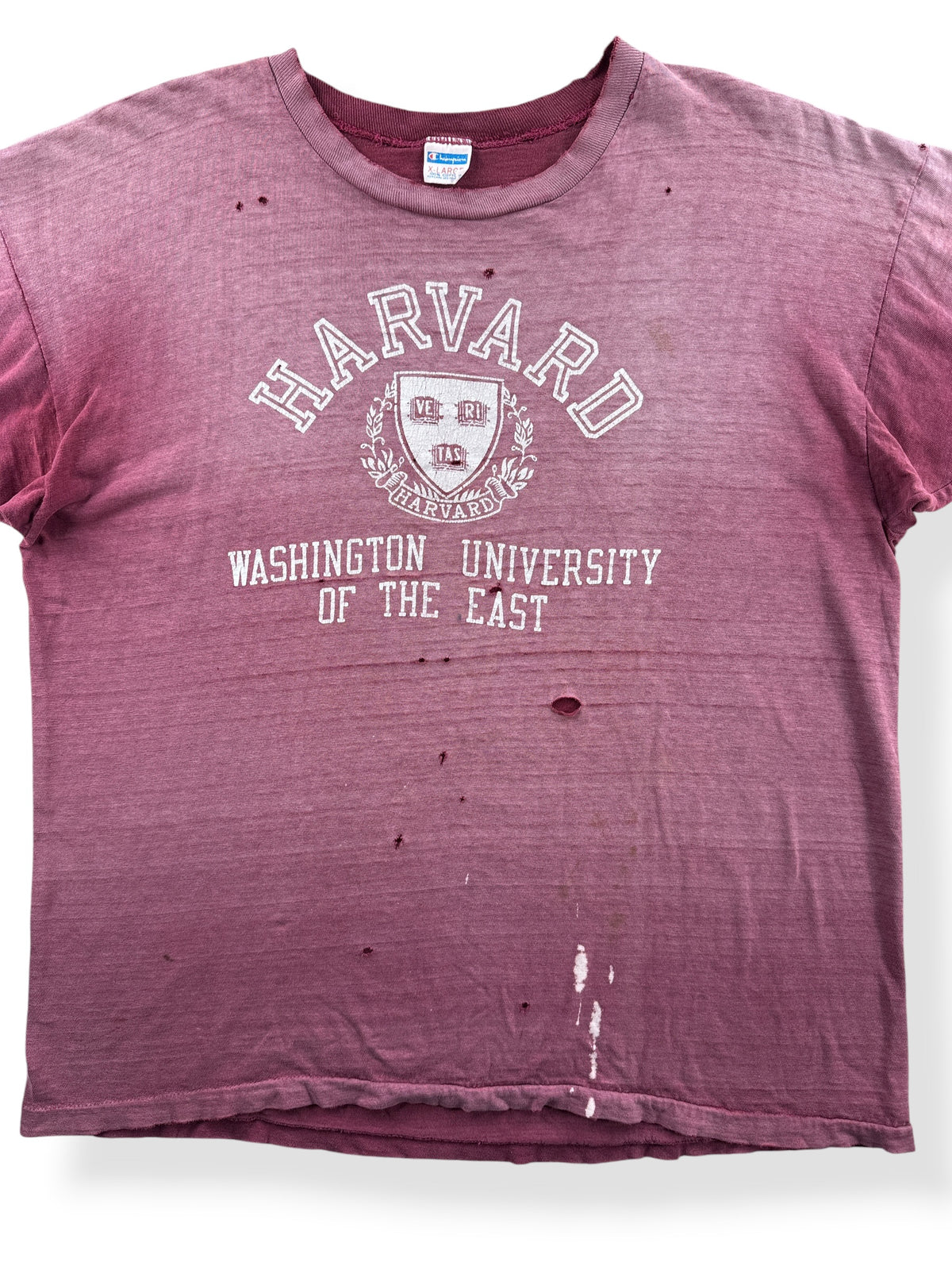 Close-up of Vintage 70s Champion Blue Bar Harvard 'UW Of The East' Tee SZ XL (Fits L)