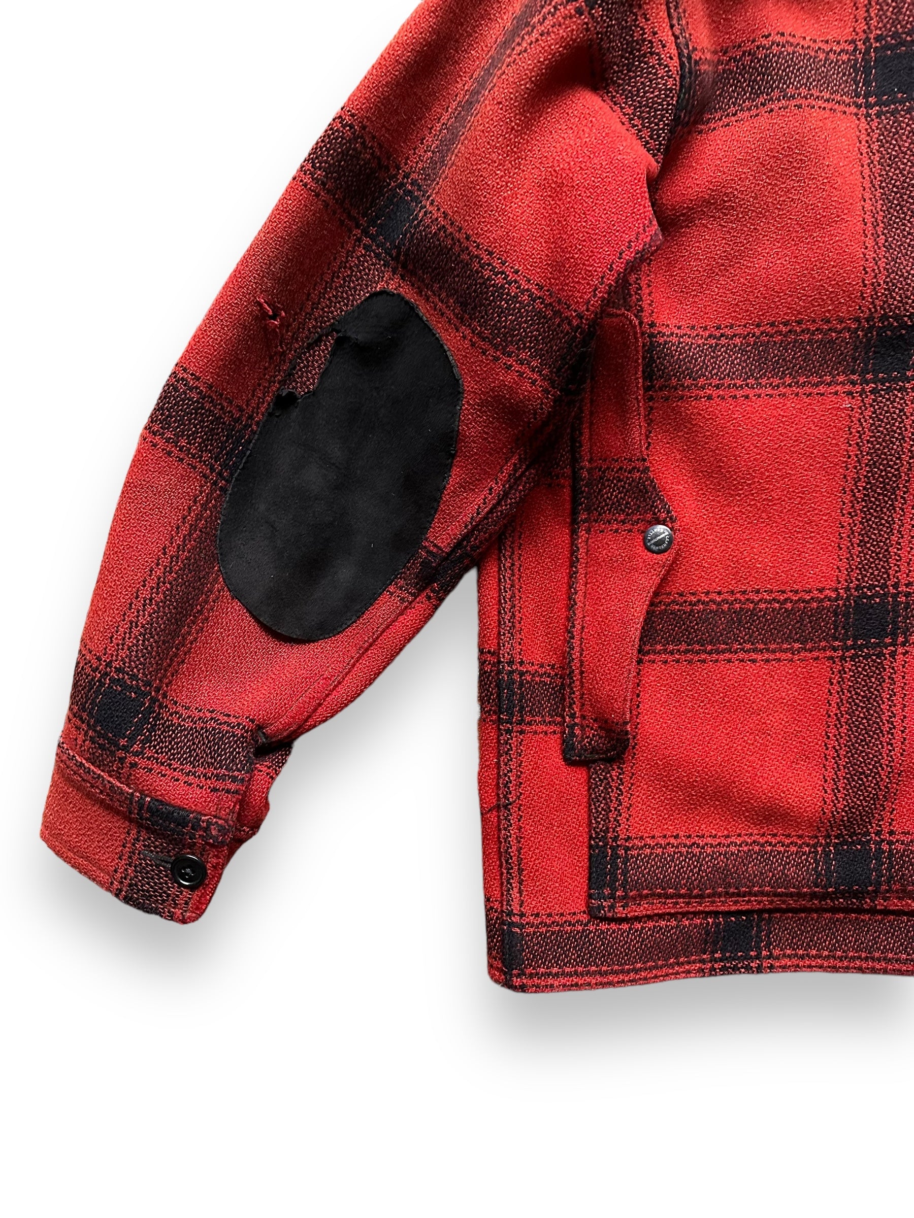 Lower Rear Left View of Vintage 75% Red Filson Hunter Wool Jacket SZ 44 | Vintage Filson Workwear Seattle | Vintage Workwear Seattle