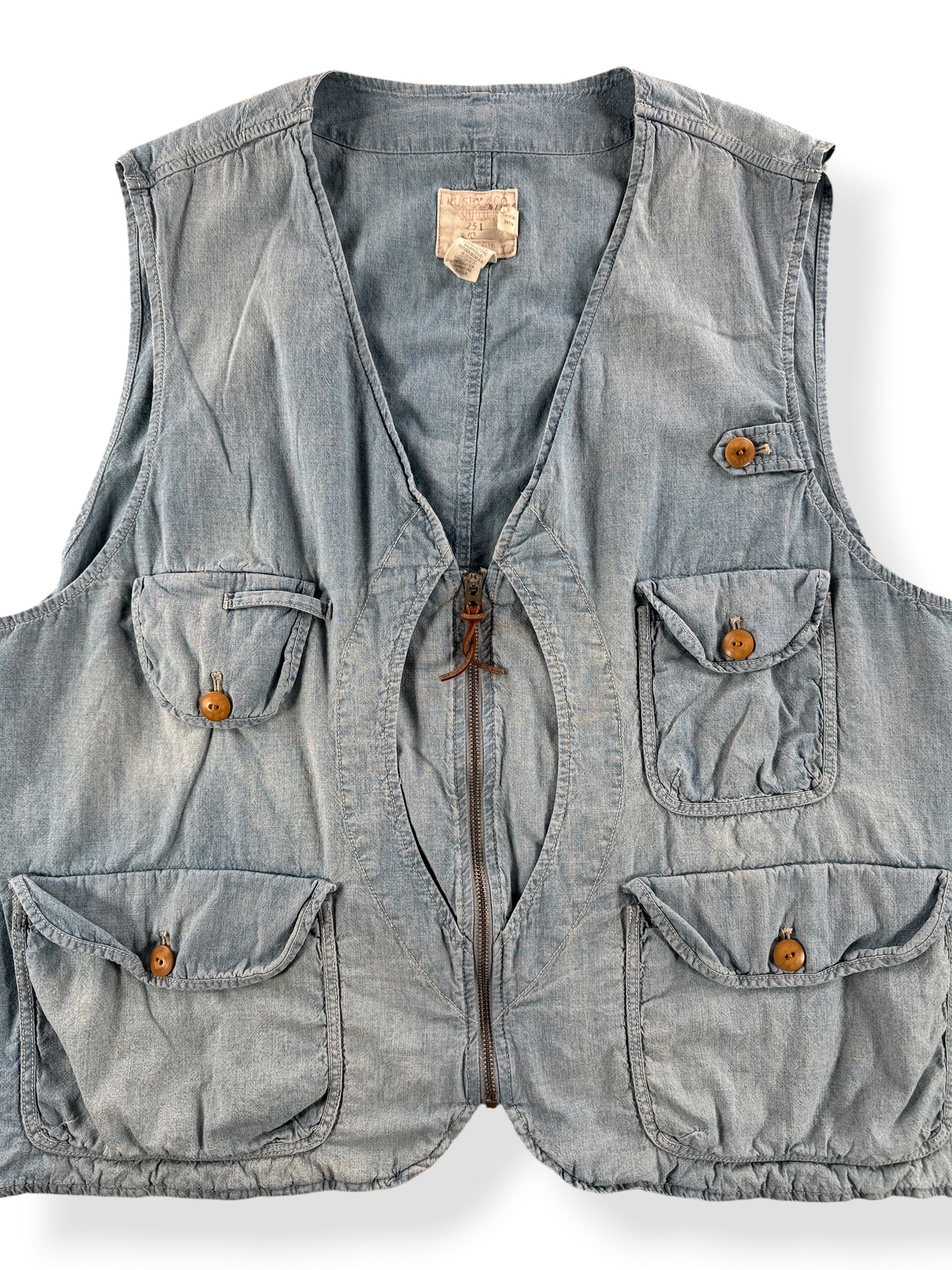 Front Close Up of Vintage Ralph Lauren Half Moon Chambray Vest SZ XXL (Fits XL)