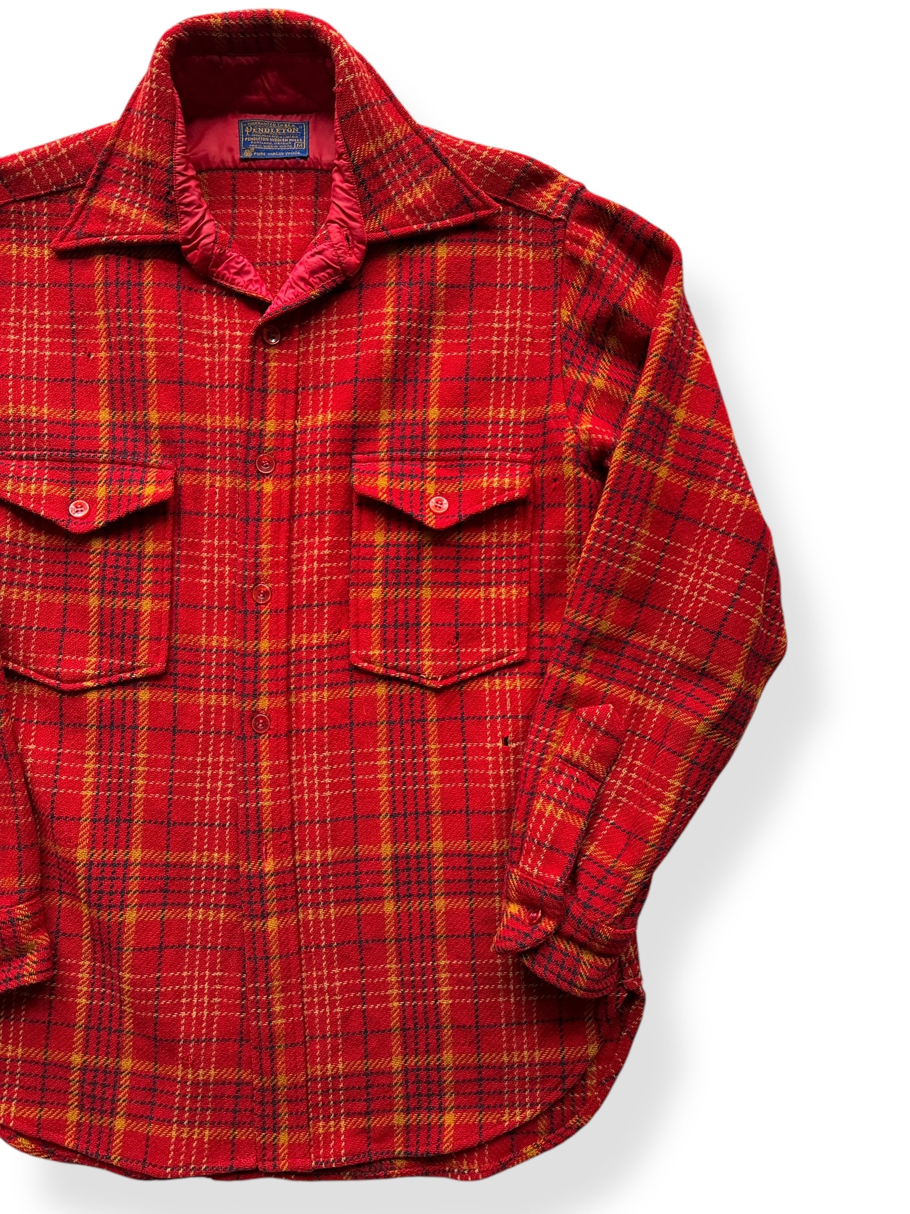 Front Left of Vintage Pendleton Red and Yellow Heavy Wool Flannel SZ M