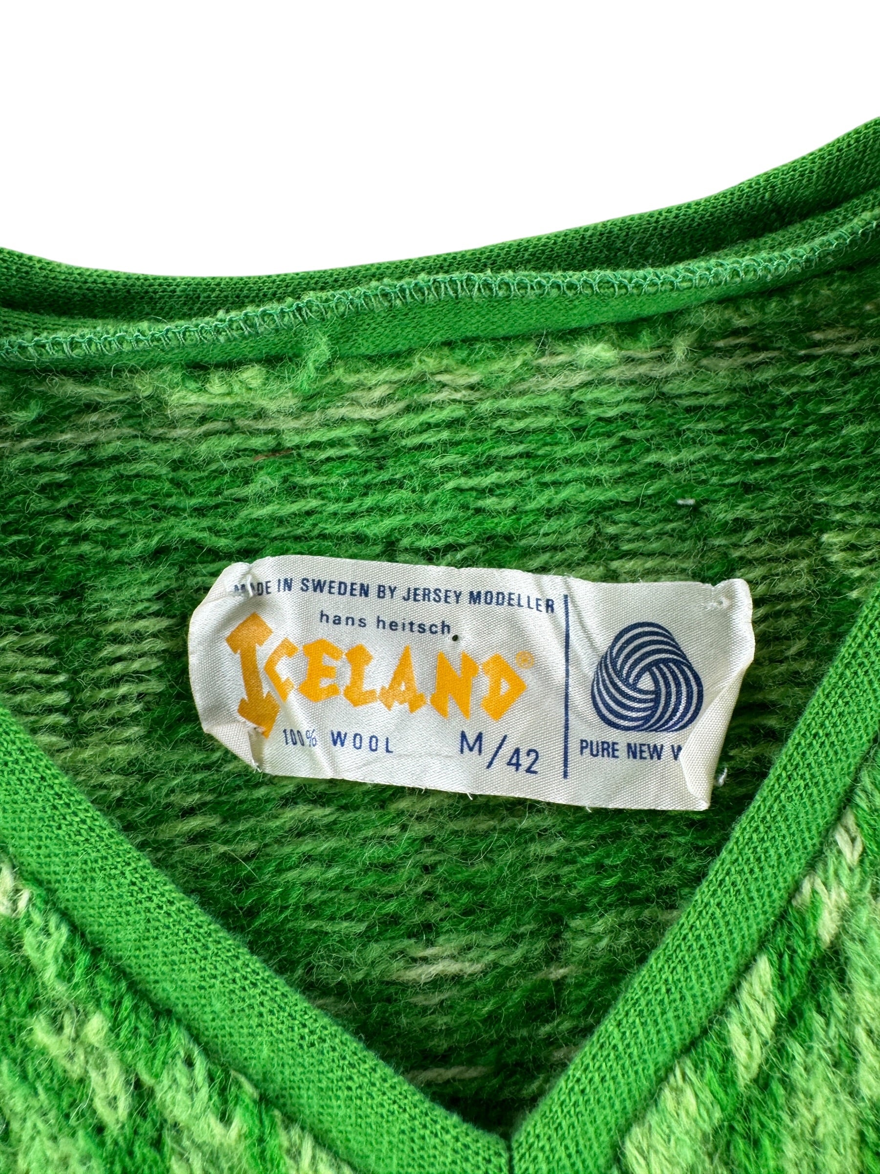 Label on Vintage Icelandic Green Wool Sweater SZ M (Fits S)