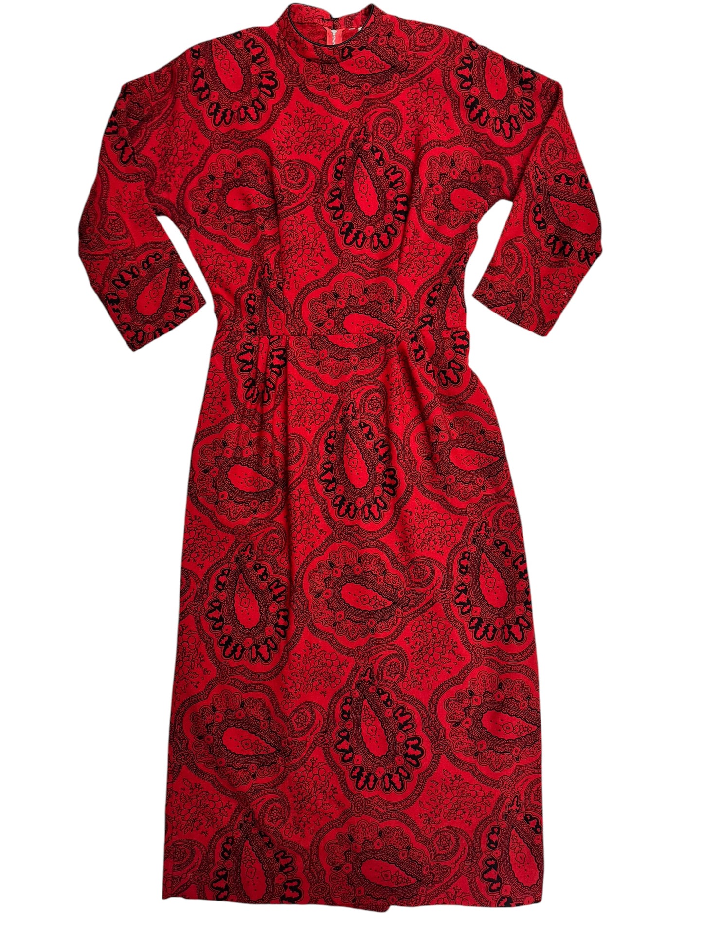 Front view of 1950s Red Paisley Wiggle Dress M