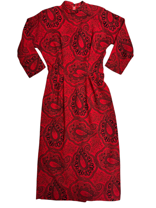 Front view of 1950s Red Paisley Wiggle Dress M