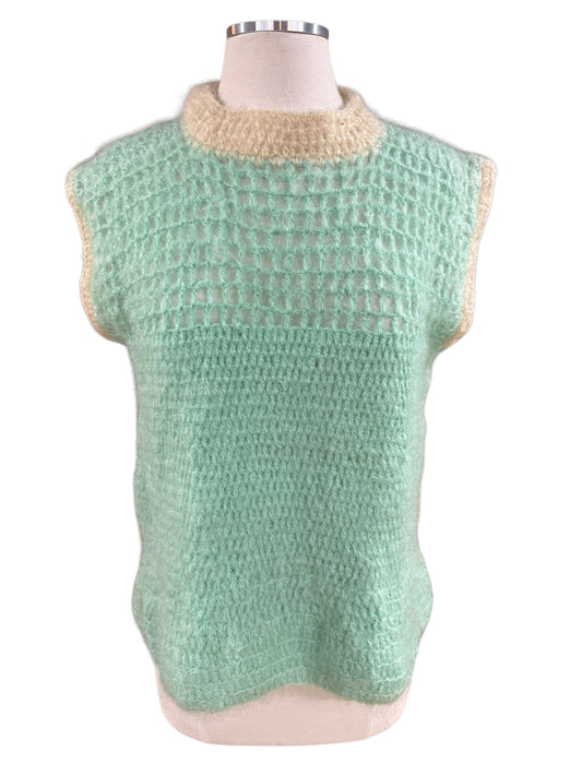 Front view of 1960s Mint Green Mohair Sleeveless Sweater M