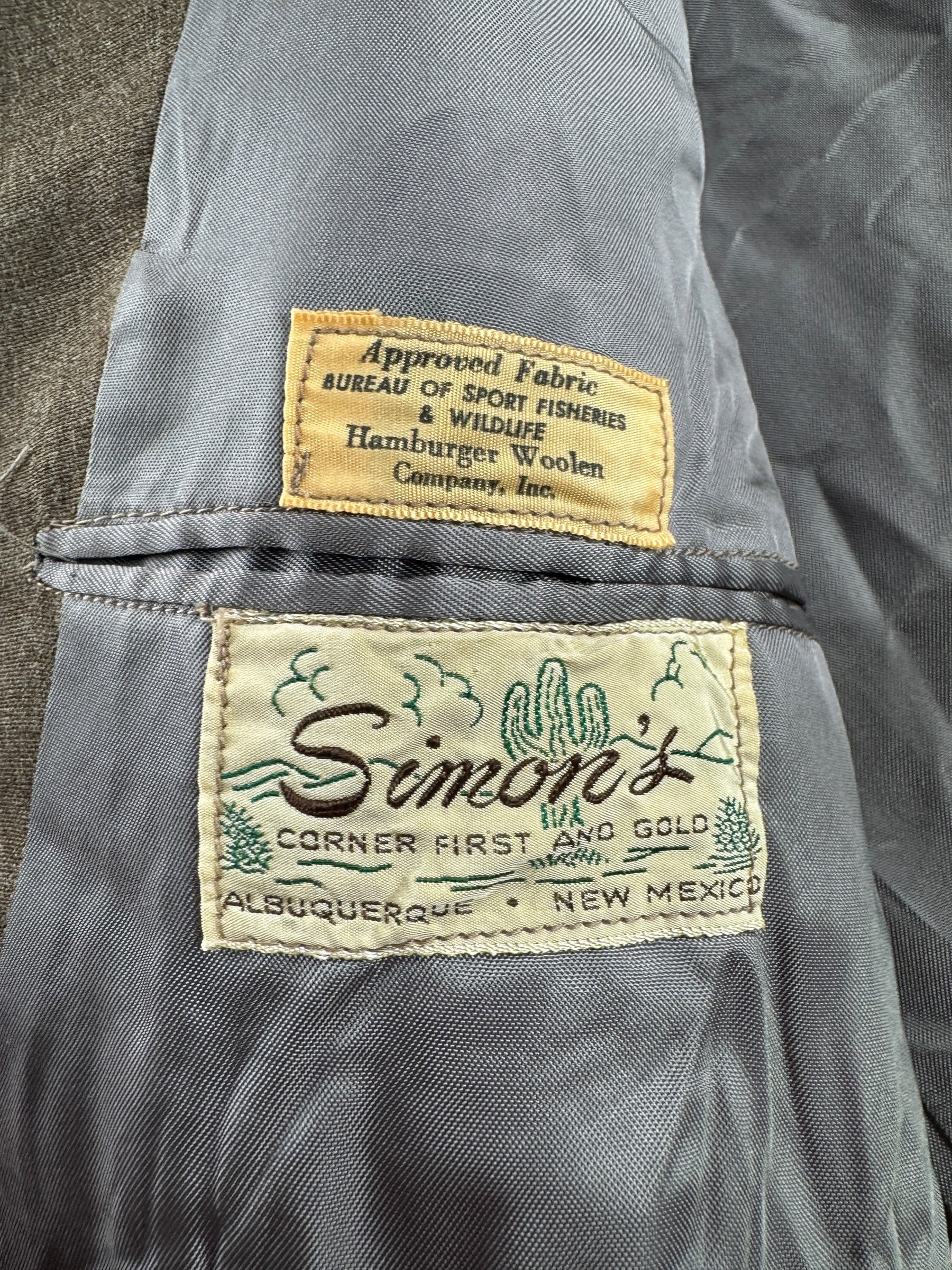 Label on Vintage Ike Style Simon's Hunting Jacket SZ M - AS IS