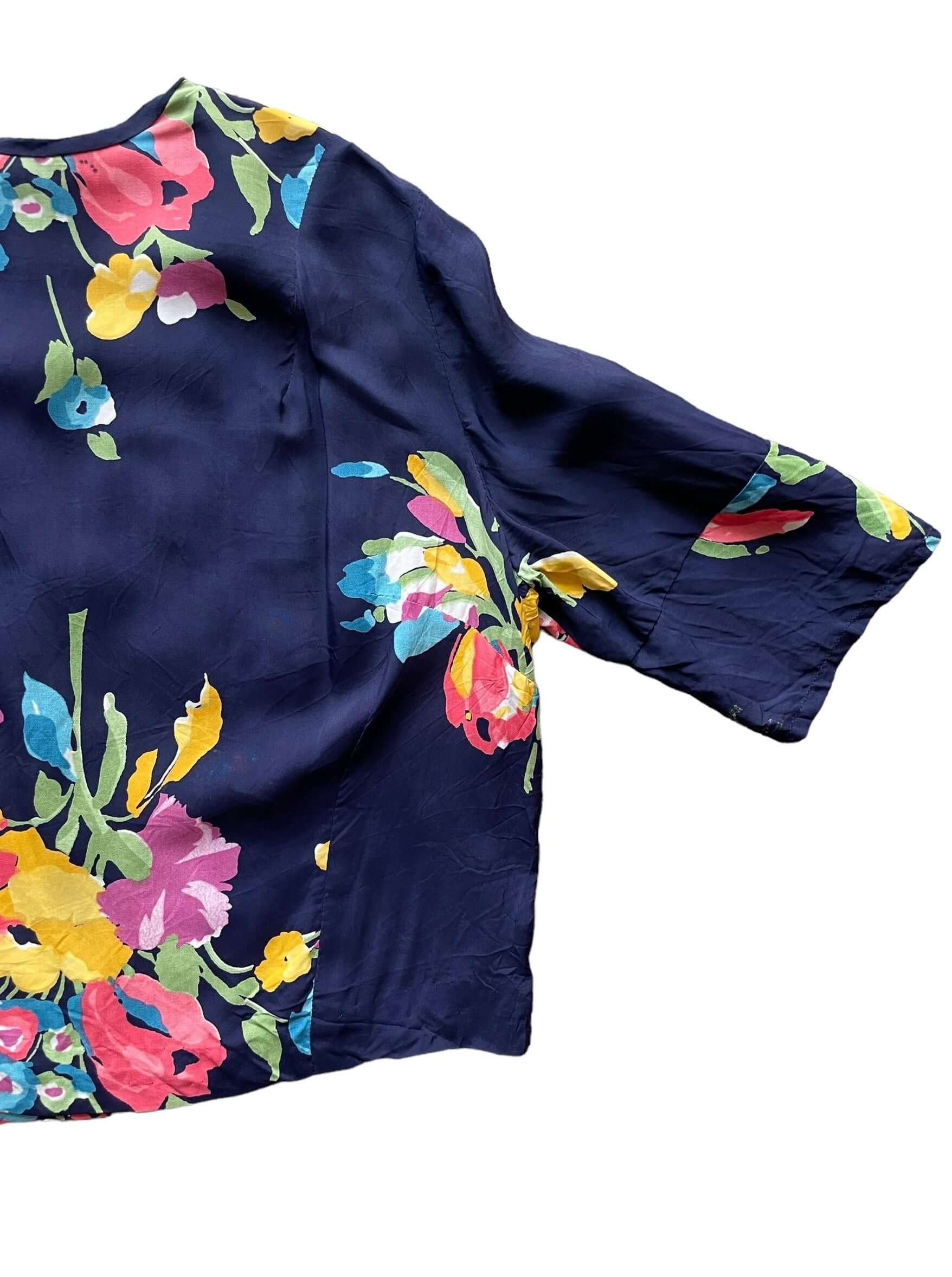 Front left side view of 1950-60s Rayon Navy Floral Top M-L