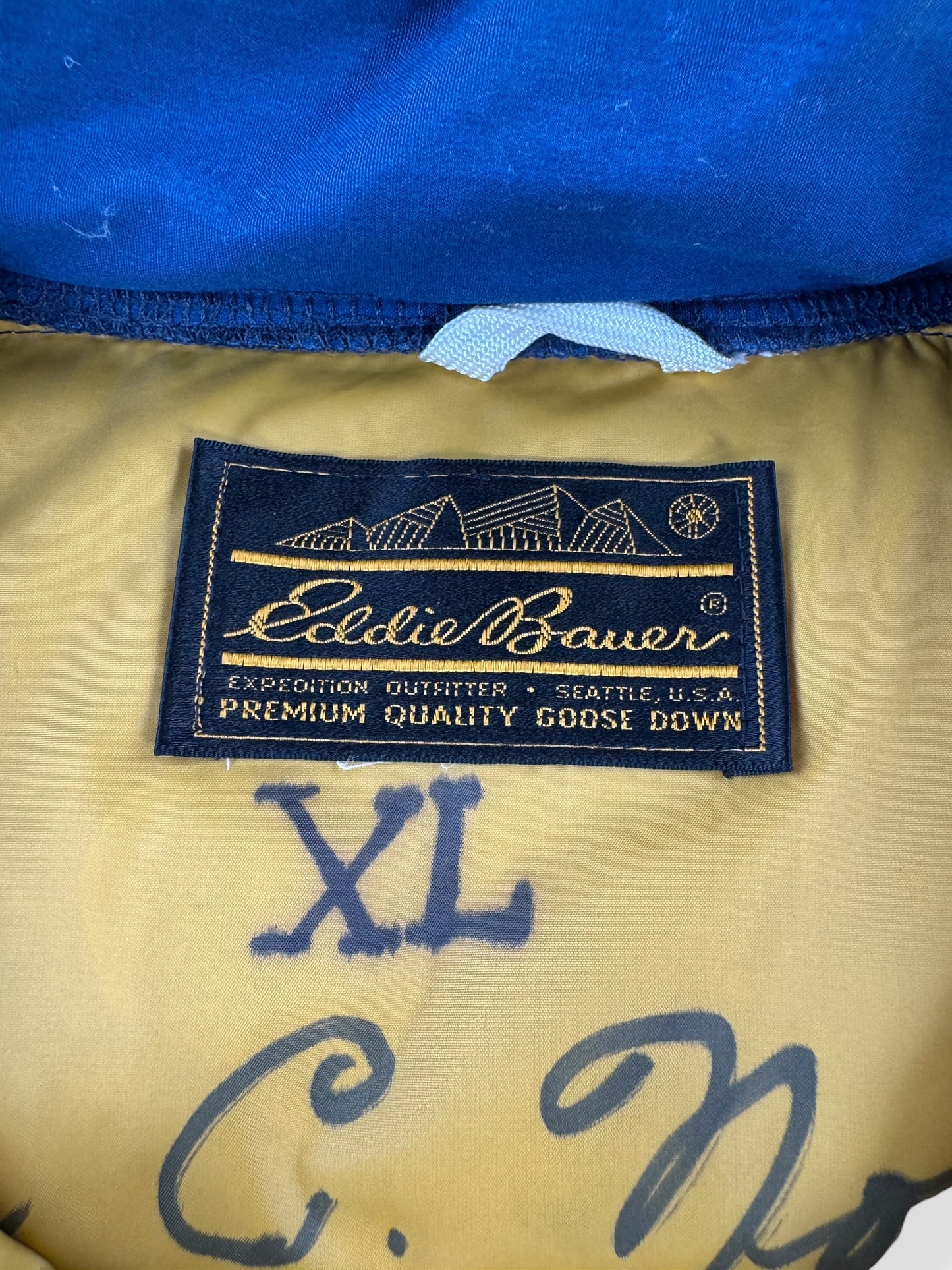 Label on Vintage Eddie Bauer Blue Down Parka SZ XL