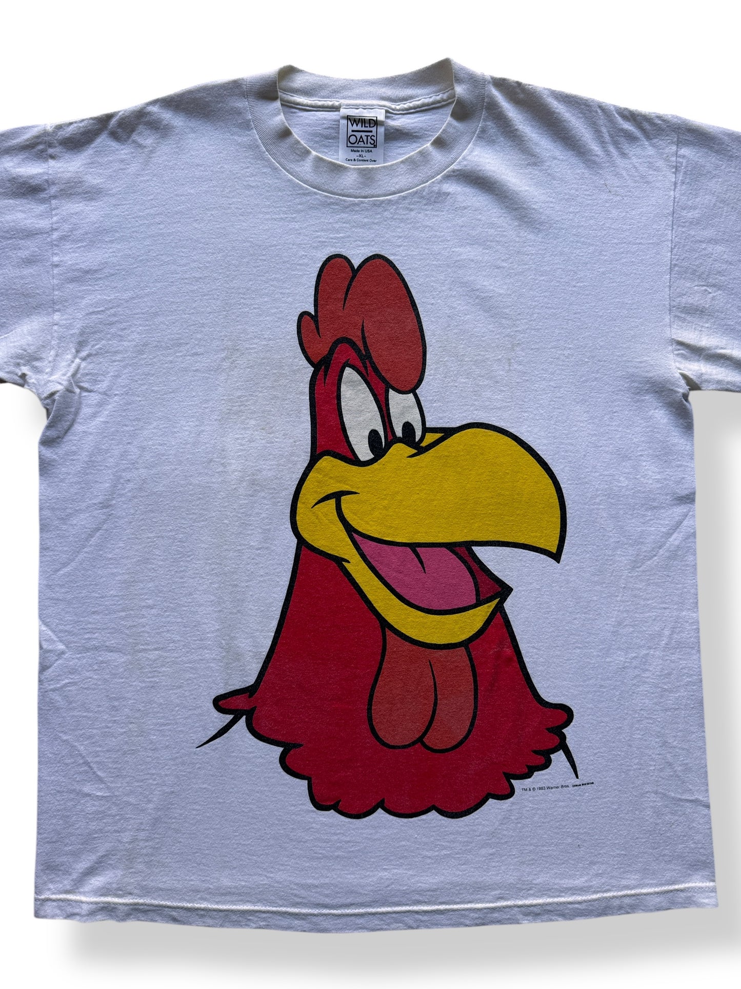 Front Close Up of Vintage 1993 Wild Oats Foghorn Leghorn Tee SZ XL