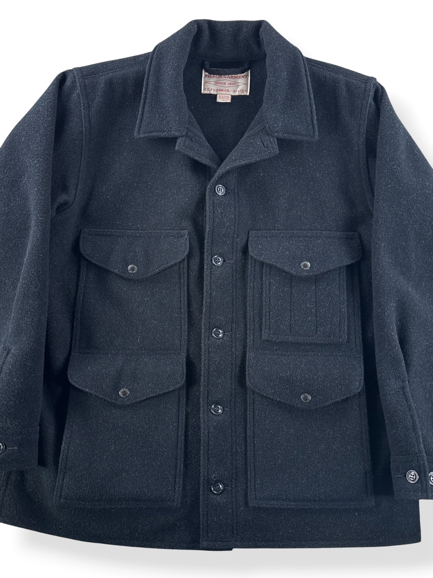 Front Close Up of Filson Charcoal Mackinaw Wool Cruiser SZ L