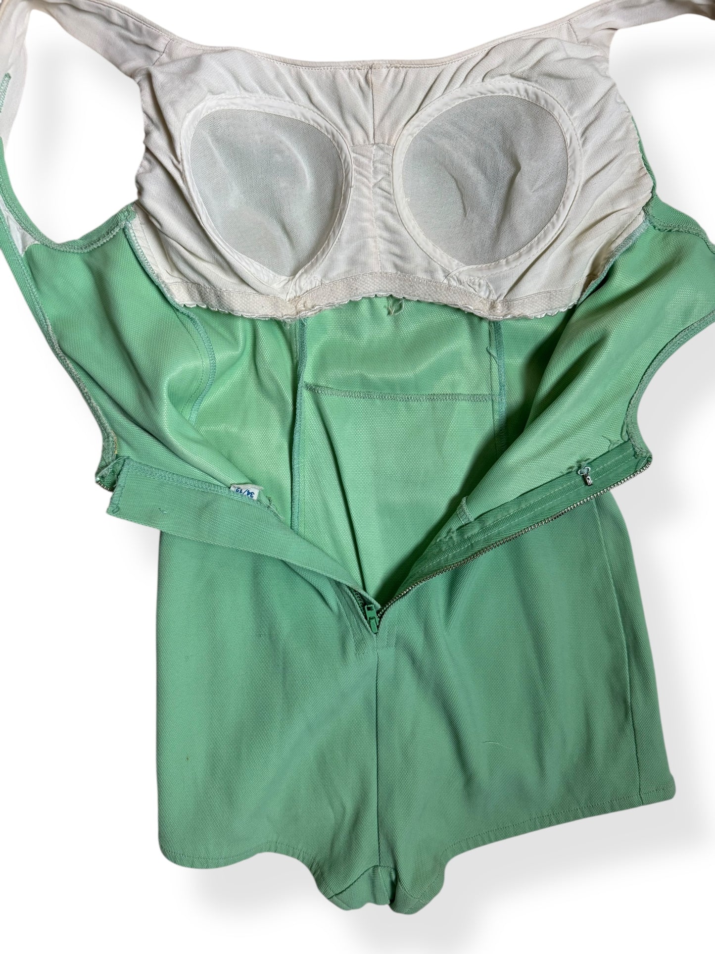 Inside view of 1960s Minty Green One Piece Bathing Suit XS-S