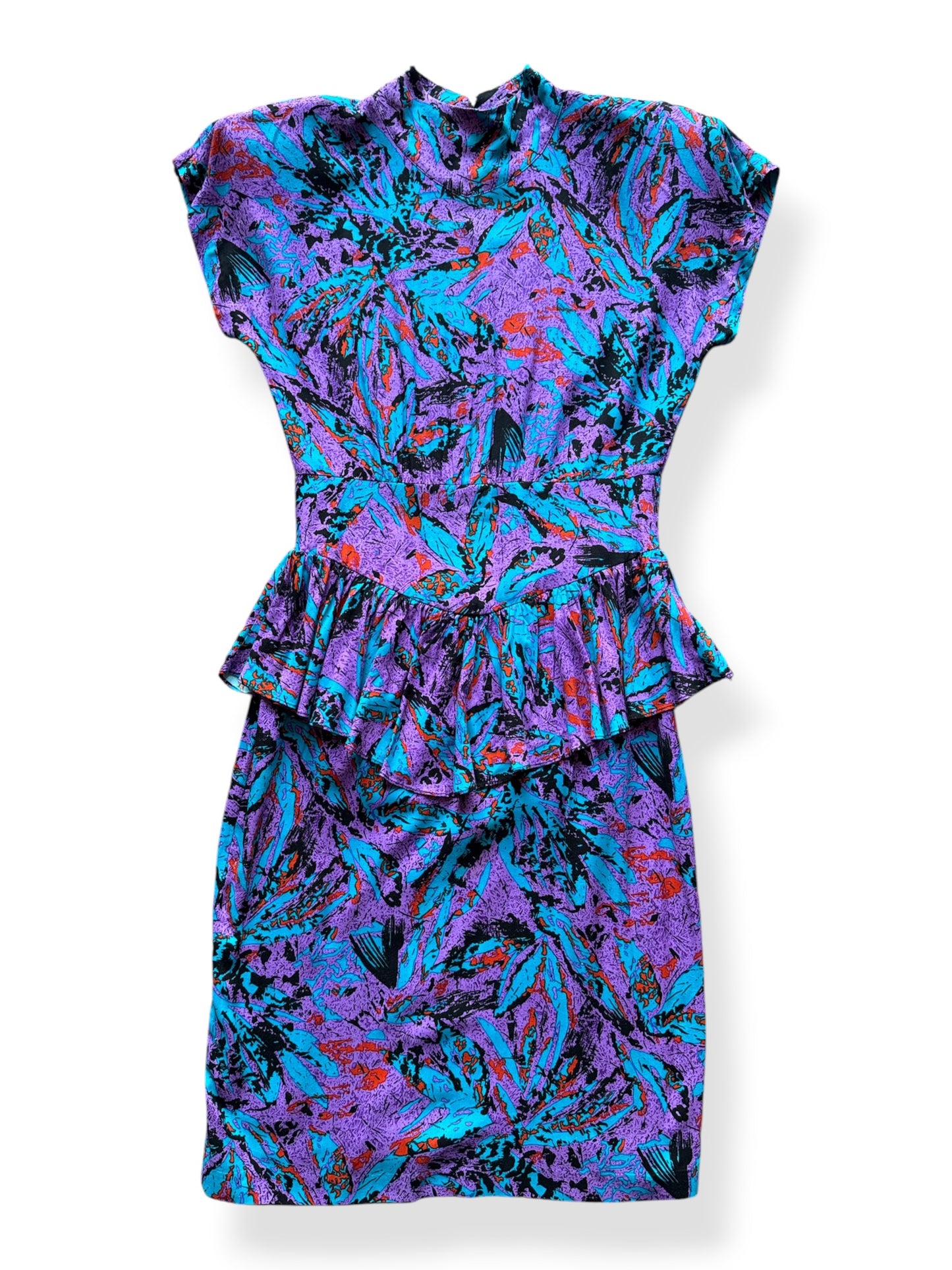 Front Close Up of Vintage 80s Paint Splash Peplum Dress SZ 7